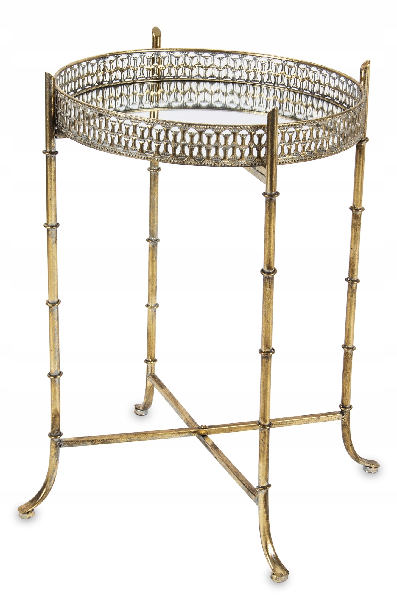 Kovový okrúhly stolík, bar, kvetinový záhon, staré zlaté zrkadlo