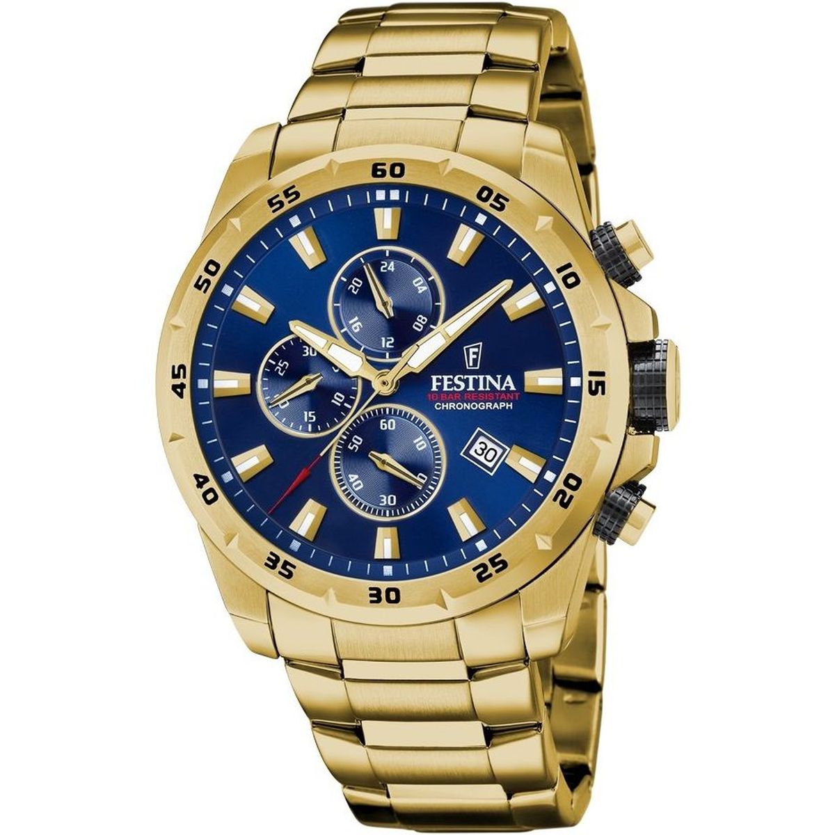 Zlaté hodinky Festina se stopkami a modrým ciferníkem 20541/2 Sport Chronog