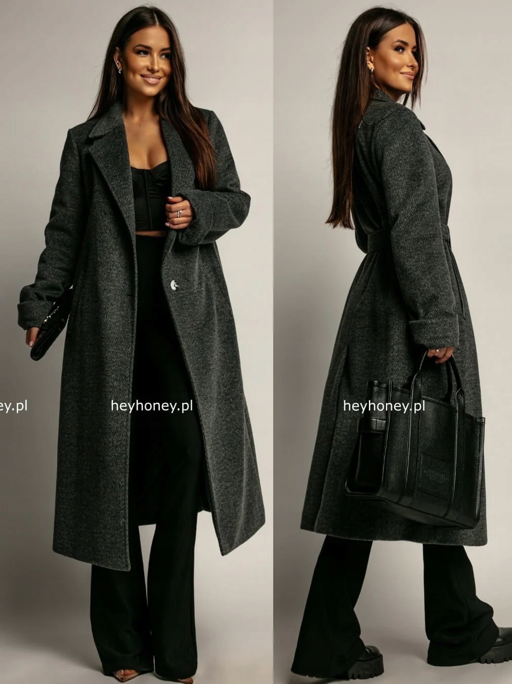 Šedý zateplený kabát s vlnou Premium M