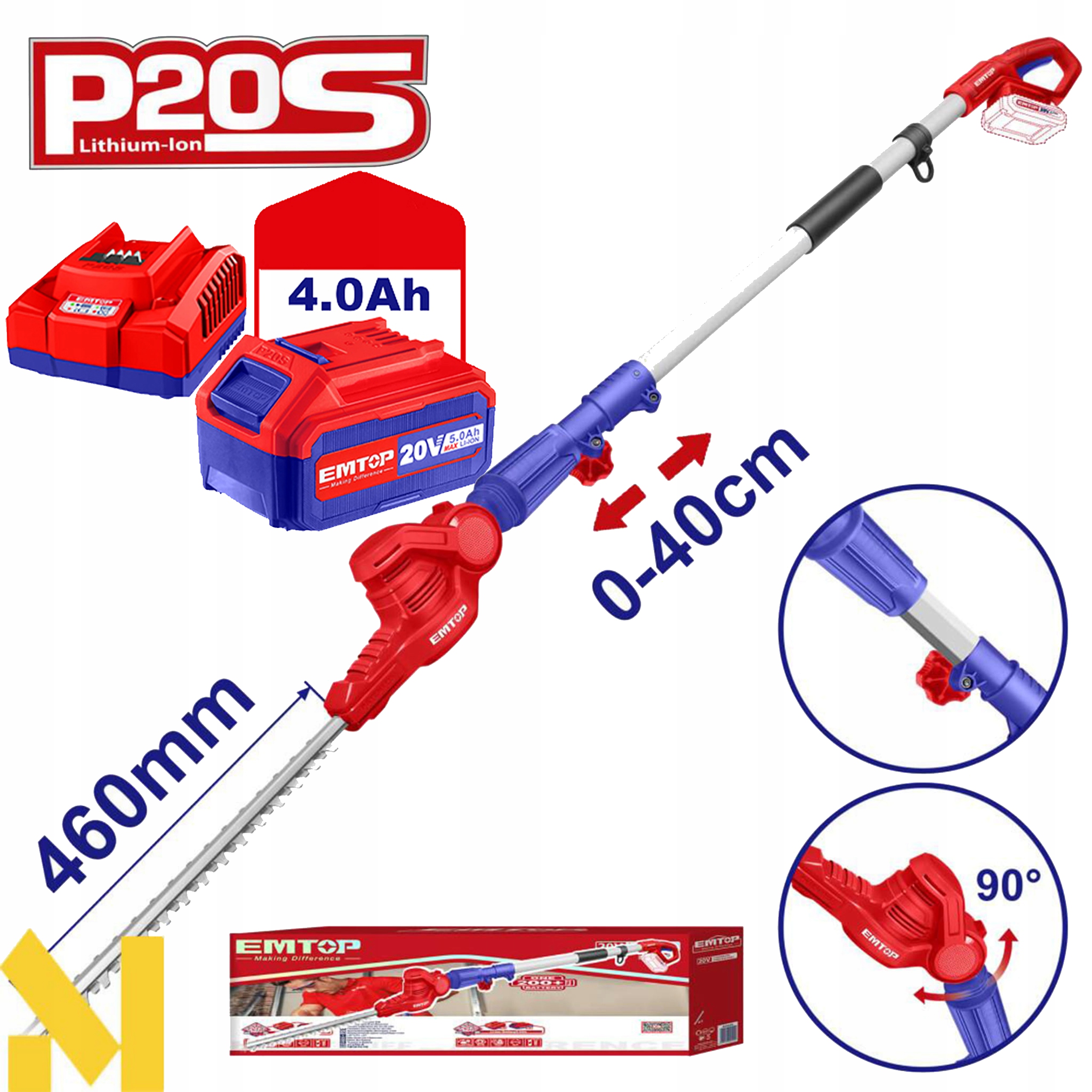 Emtop Akumulátorové teleskopické nůžky 20V P20S EPHT201601 sada akumulátorů