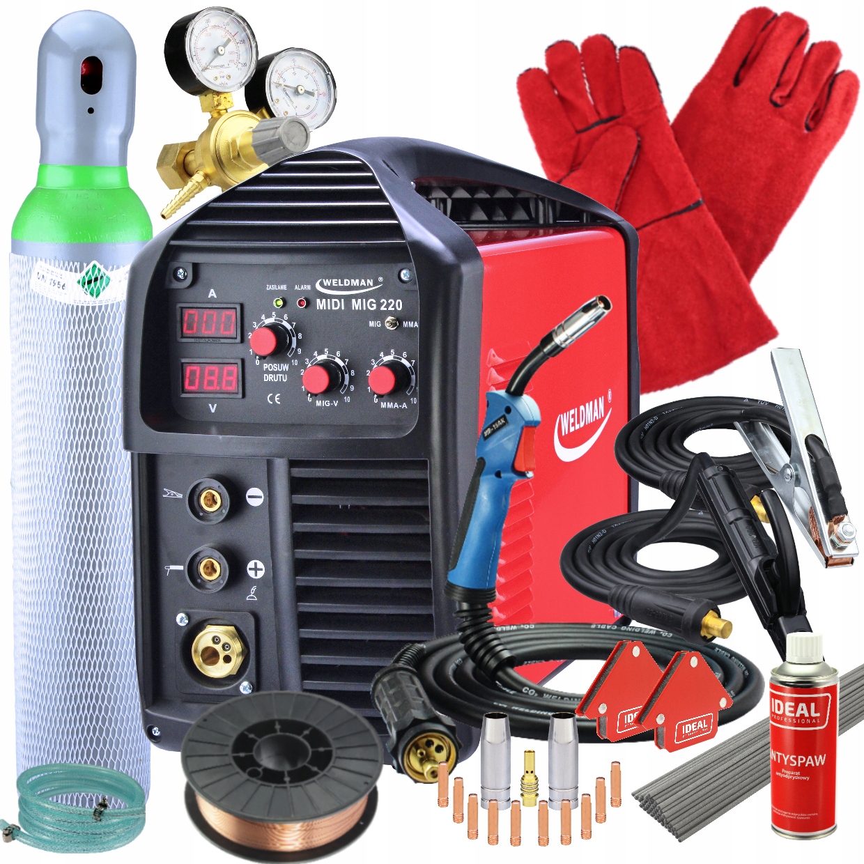 Spawarka Migomat 220A 230V MIDI Mig 220 Weldman Zestaw