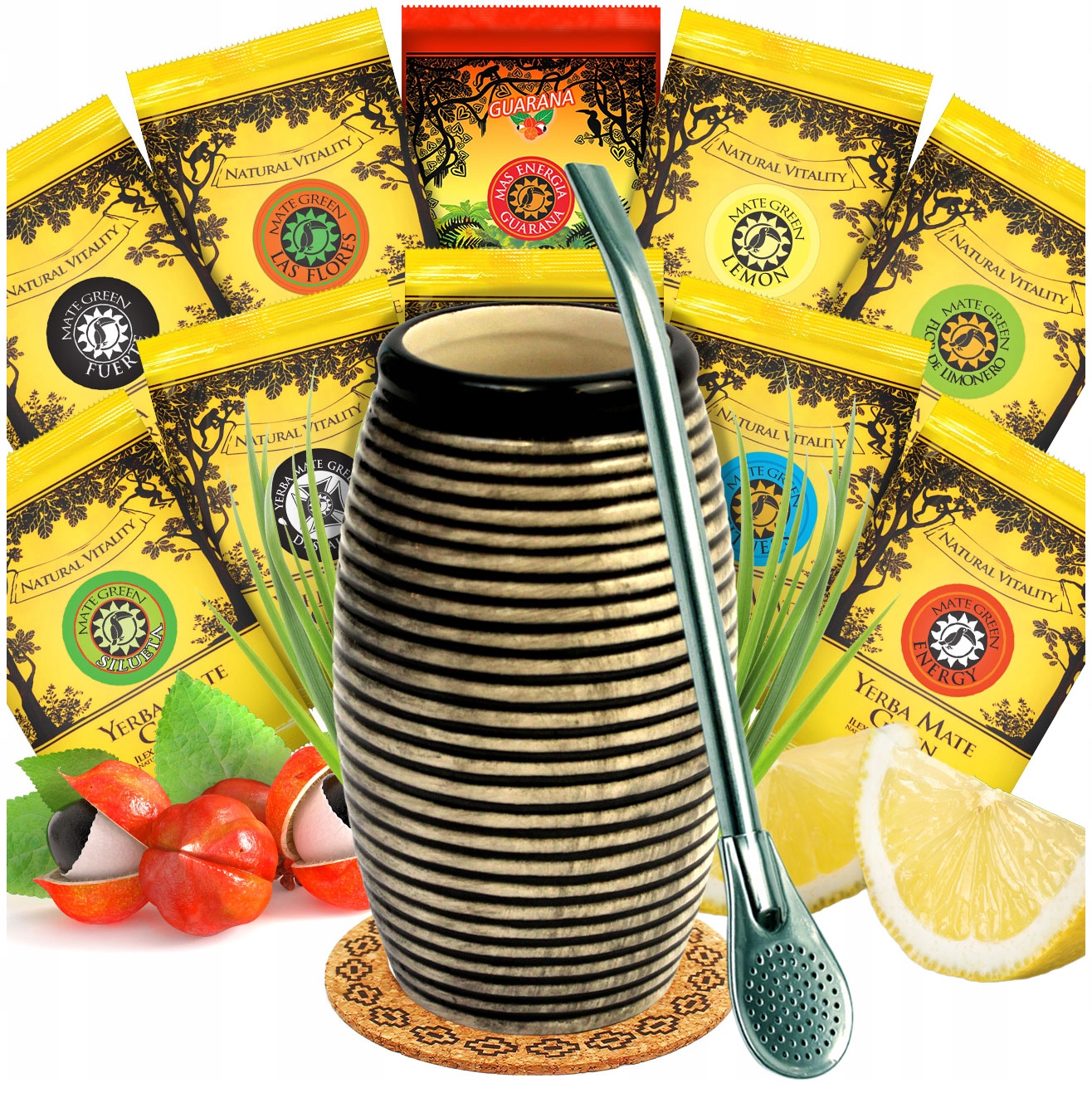 Yerba Startovací sada Mate Green Ovocná 500g Matero Drive Bombilla 10x50g