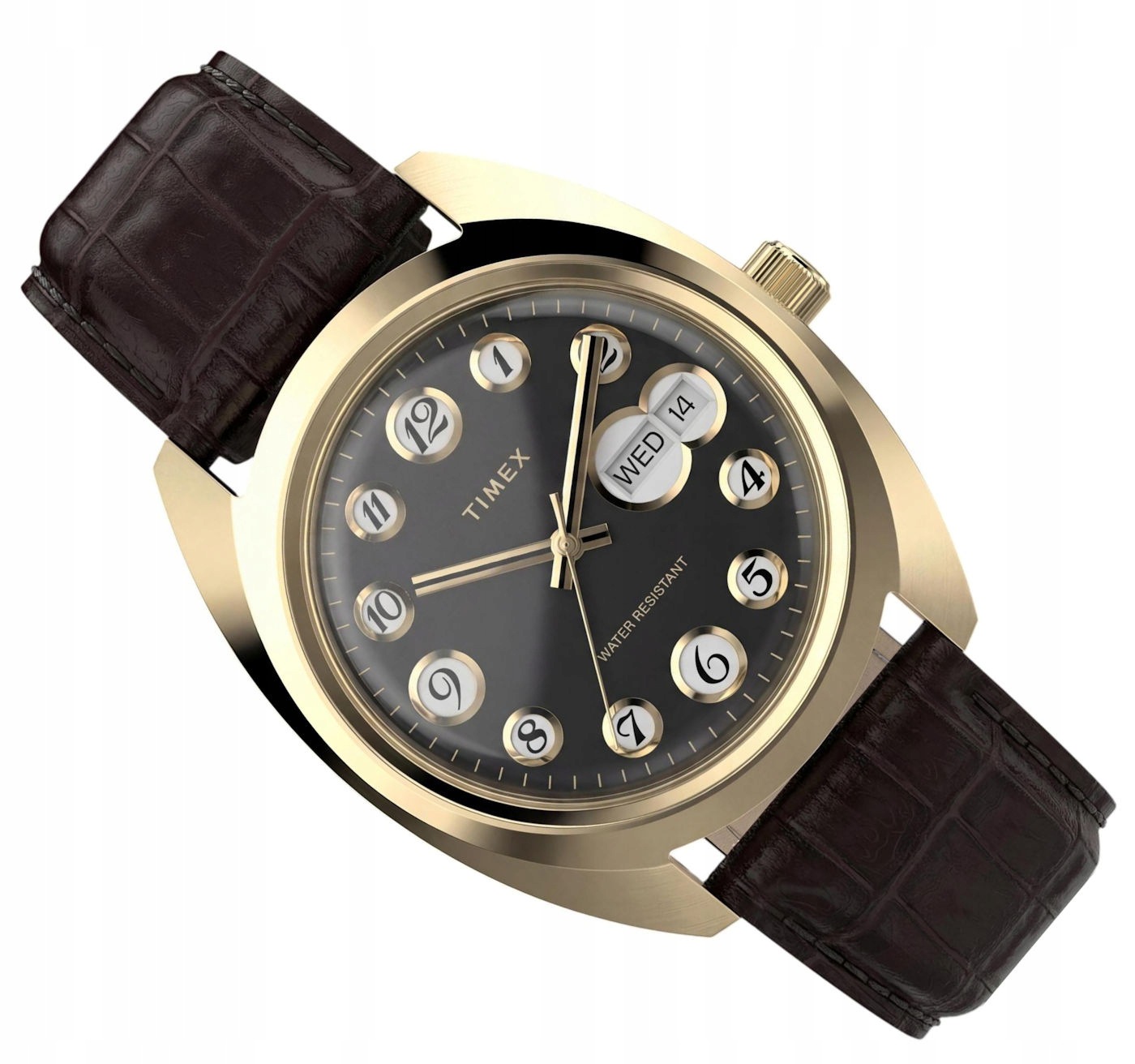 Zlatý Hnědý Čitelný Hodinek Timex Retro TW2Y82100 Ciferník Telefonu 37 mm