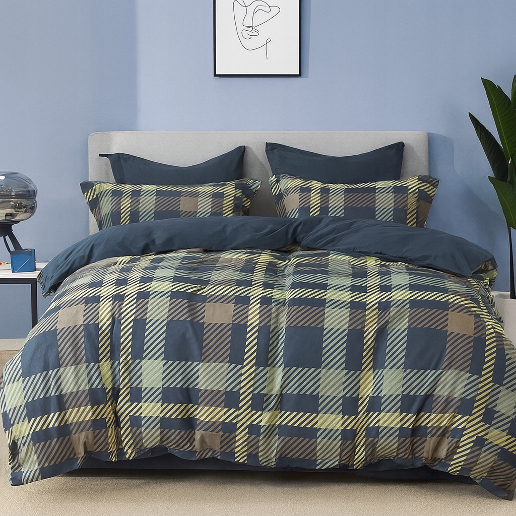 3dílná sada povlečení na peřinu z bavlny v modrém kostkovaném vzoru 220×200 cm