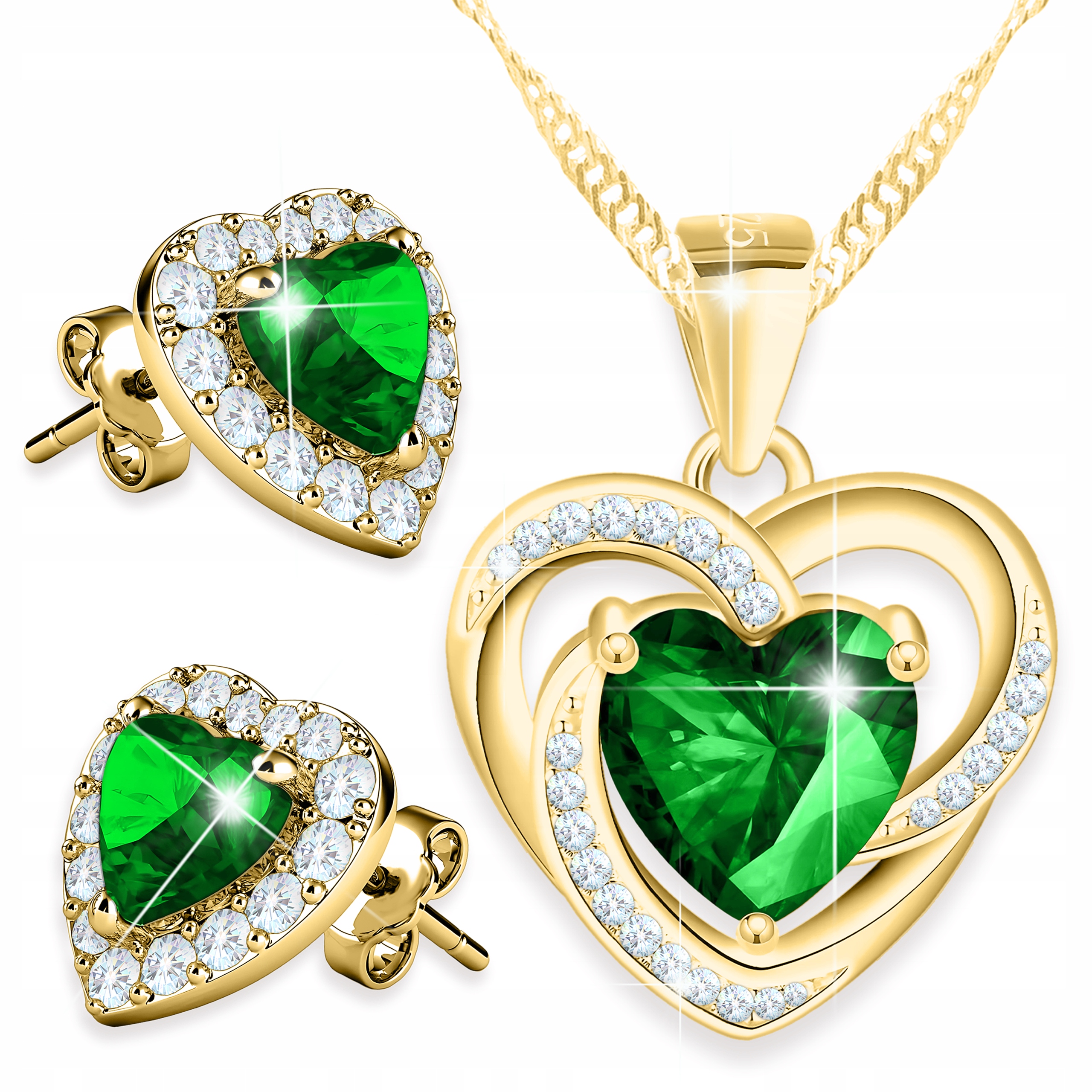 Zlatý set náhrdelníku a Náušnice Zelené Křišťálové Srdce Láska Stříbro 925