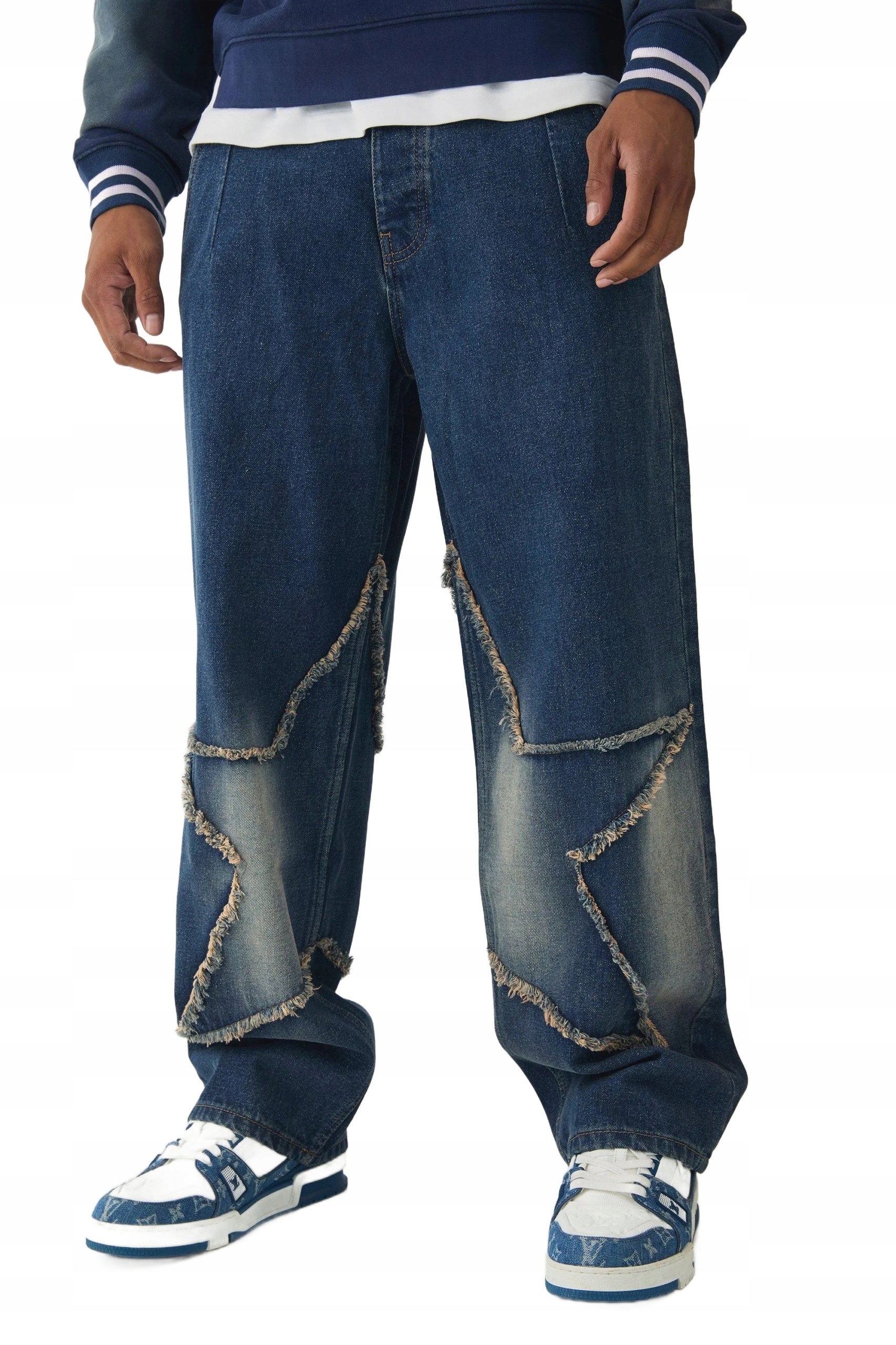 Boohooman Volné Pánské Modré Džíny Se Záplatami A Oděrkami 34 Z3A