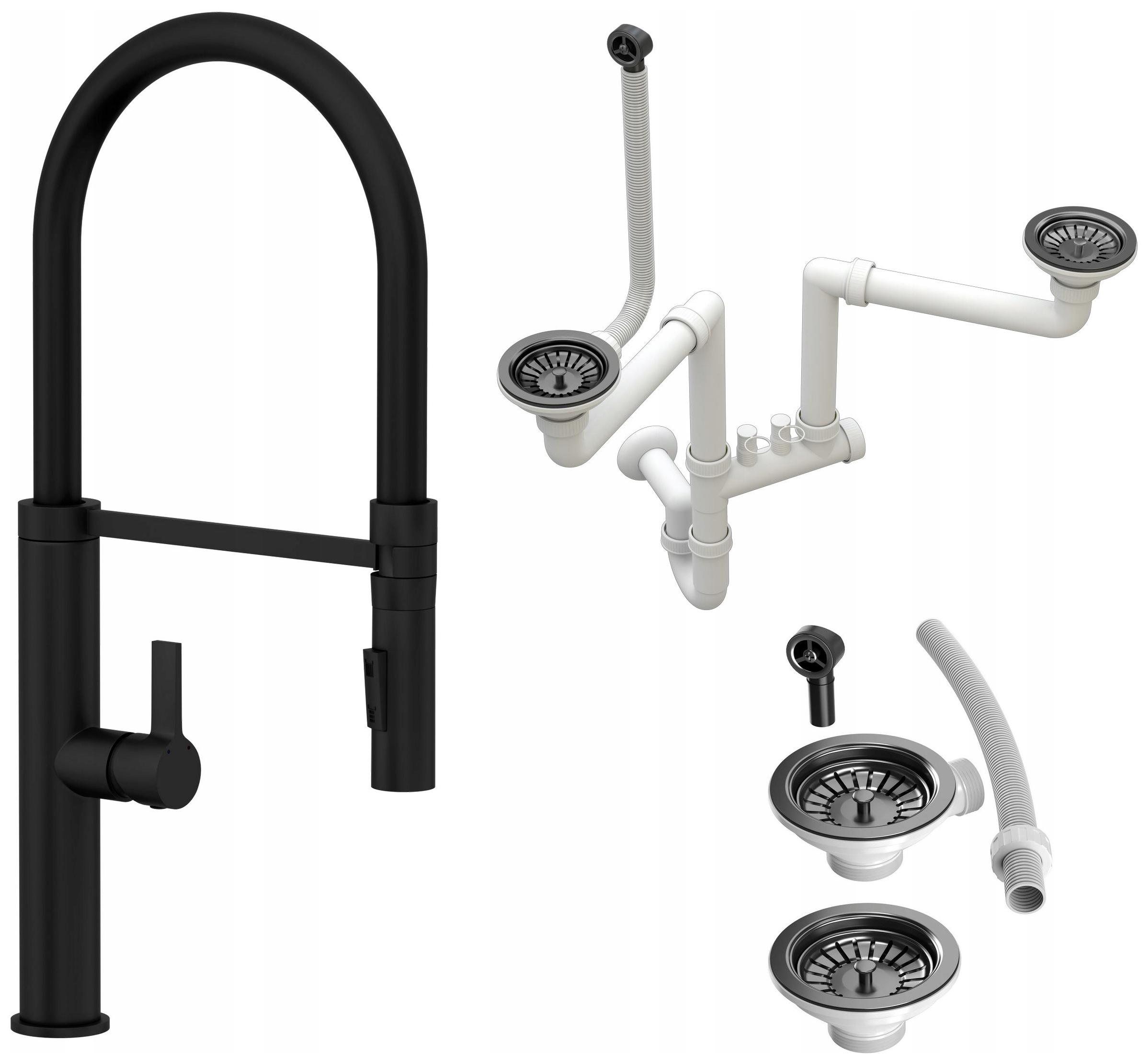 Kompletná Čierna Kuchynská Batéria Čierny Sifón