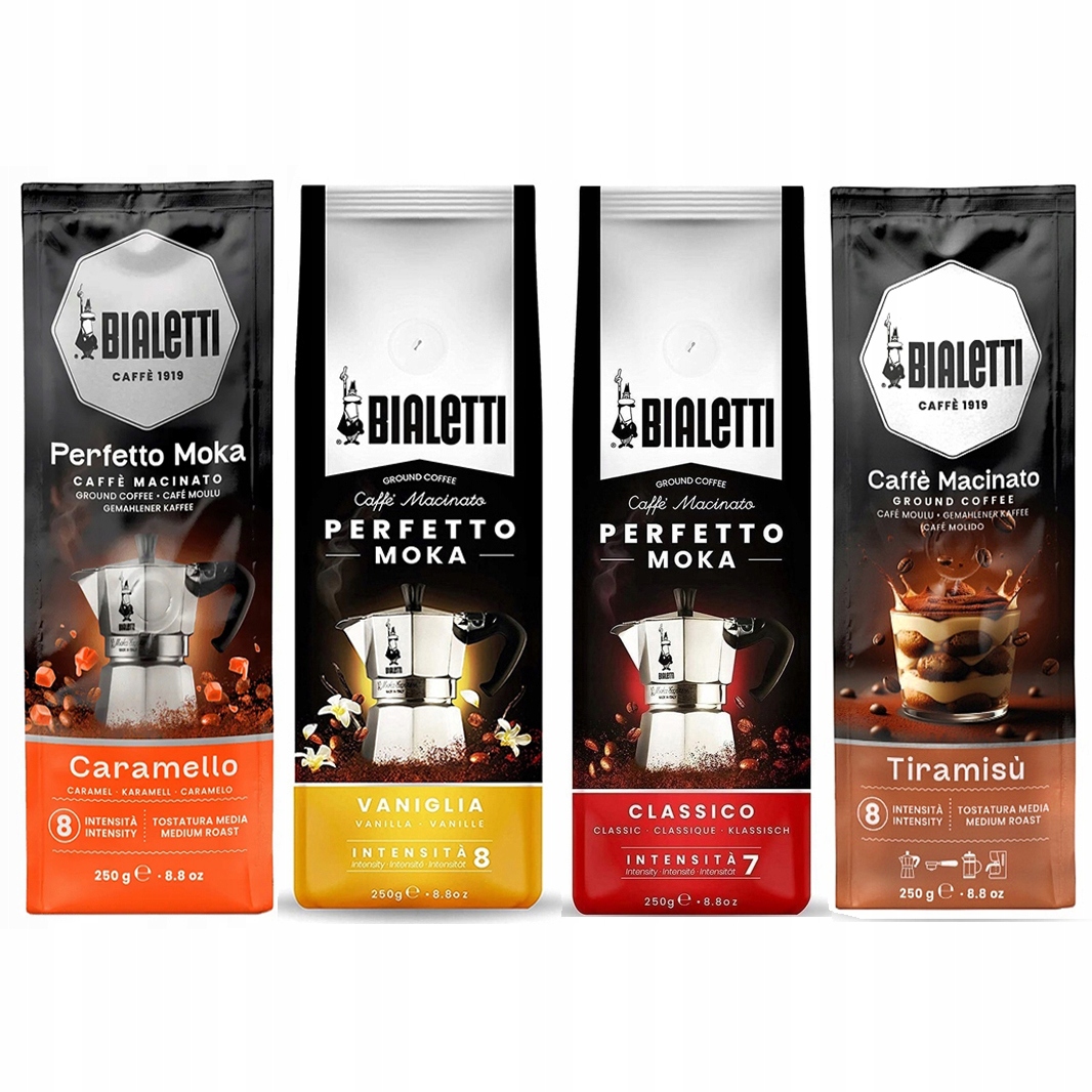 Kawa Bialetti Perfetto Moka Caramello Wanilia Classico Tiramisu 4x250g