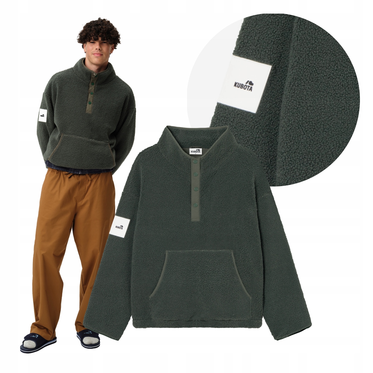 Mikina měkká fleecová mikina Kubota Cushy Oversize, teplá zelená podzimní bunda, velikost XL