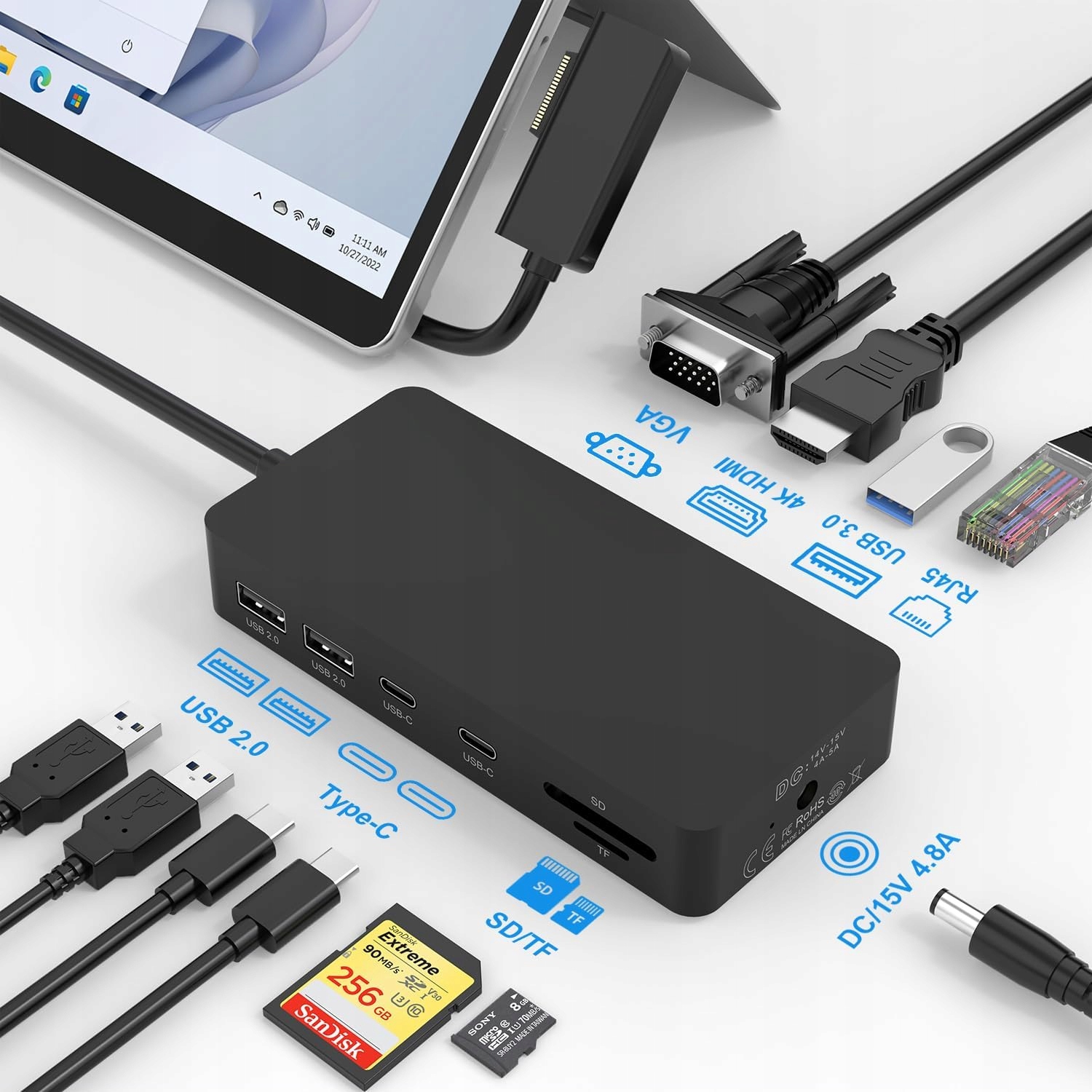 Stacja dokująca Surface 11w1, Triple Display Microsoft z Hdmi 4K Vga Rytaki