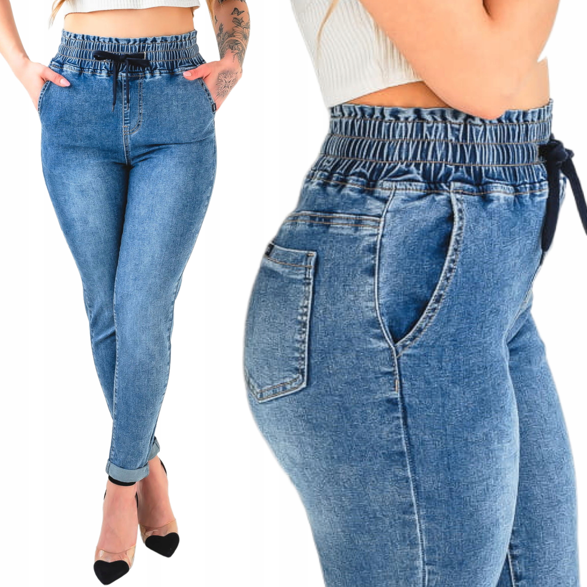 Jeansowe spodnie damskie joggery z gumą w pasie podwijana nogawka M