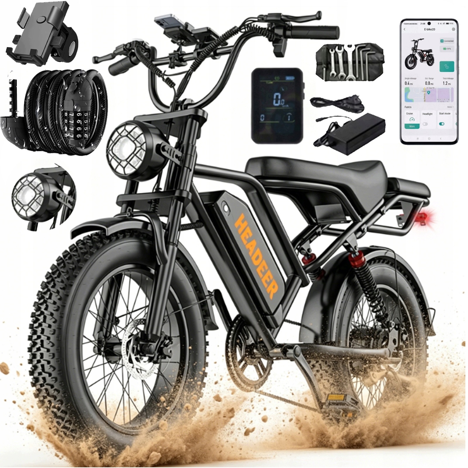 Pojazd elektryczny Headeer BK20 1000W 48V20AH 50KM/H 20" App Shimano