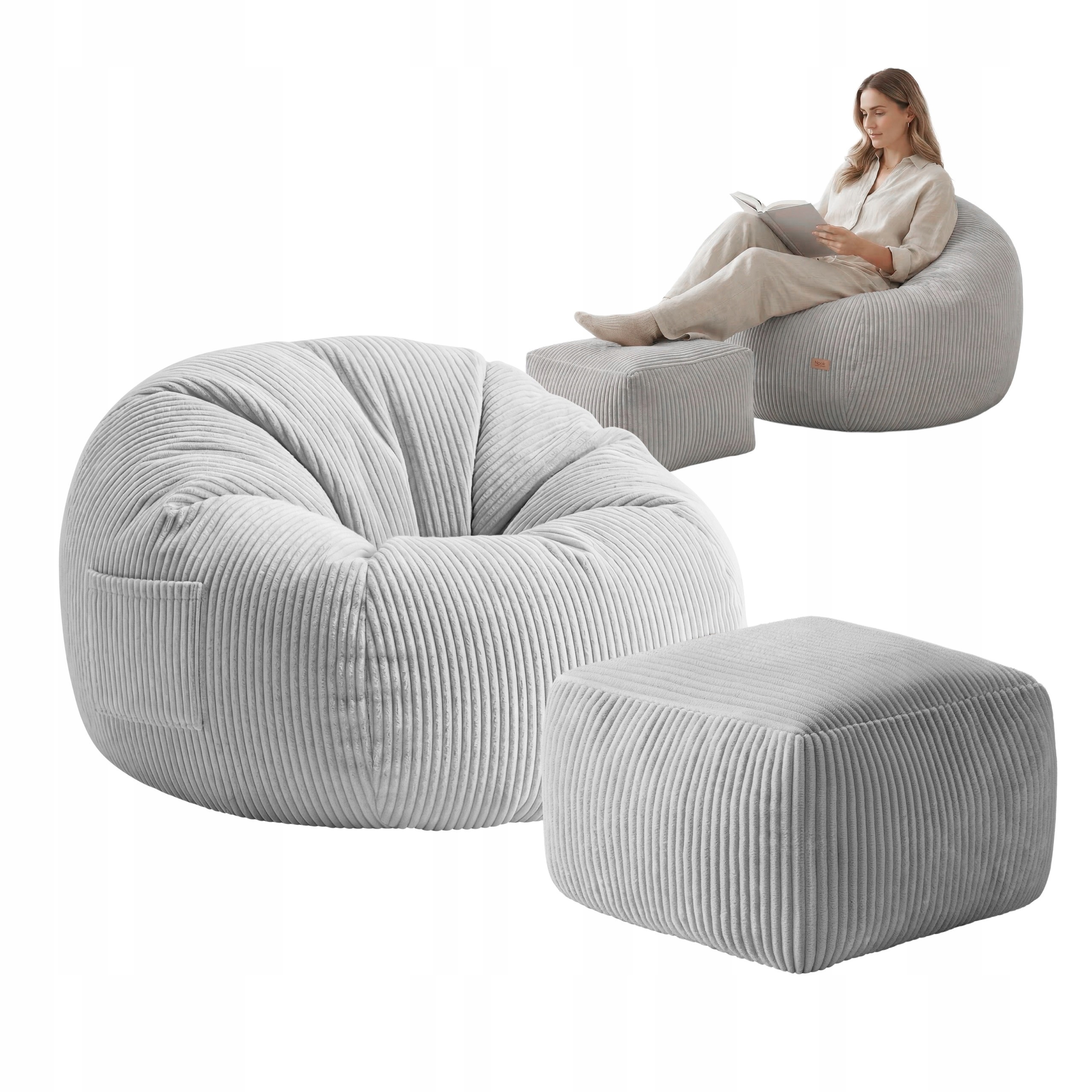 Křeslo taburet sametová Mark Adler šedá s podnožkou, sedací vak, taburet