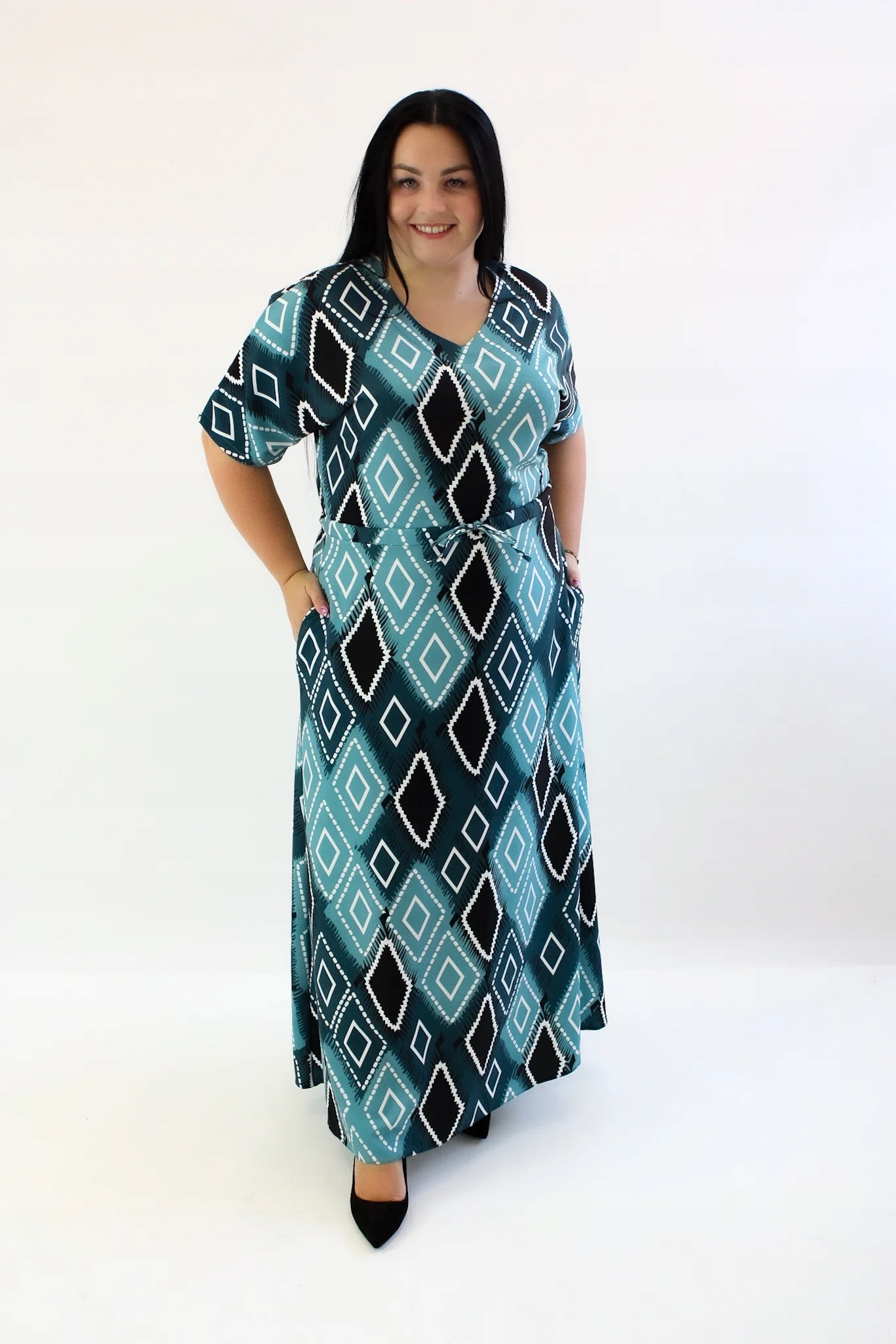 Šaty Maxi se zavazováním, černo-tyrkysová