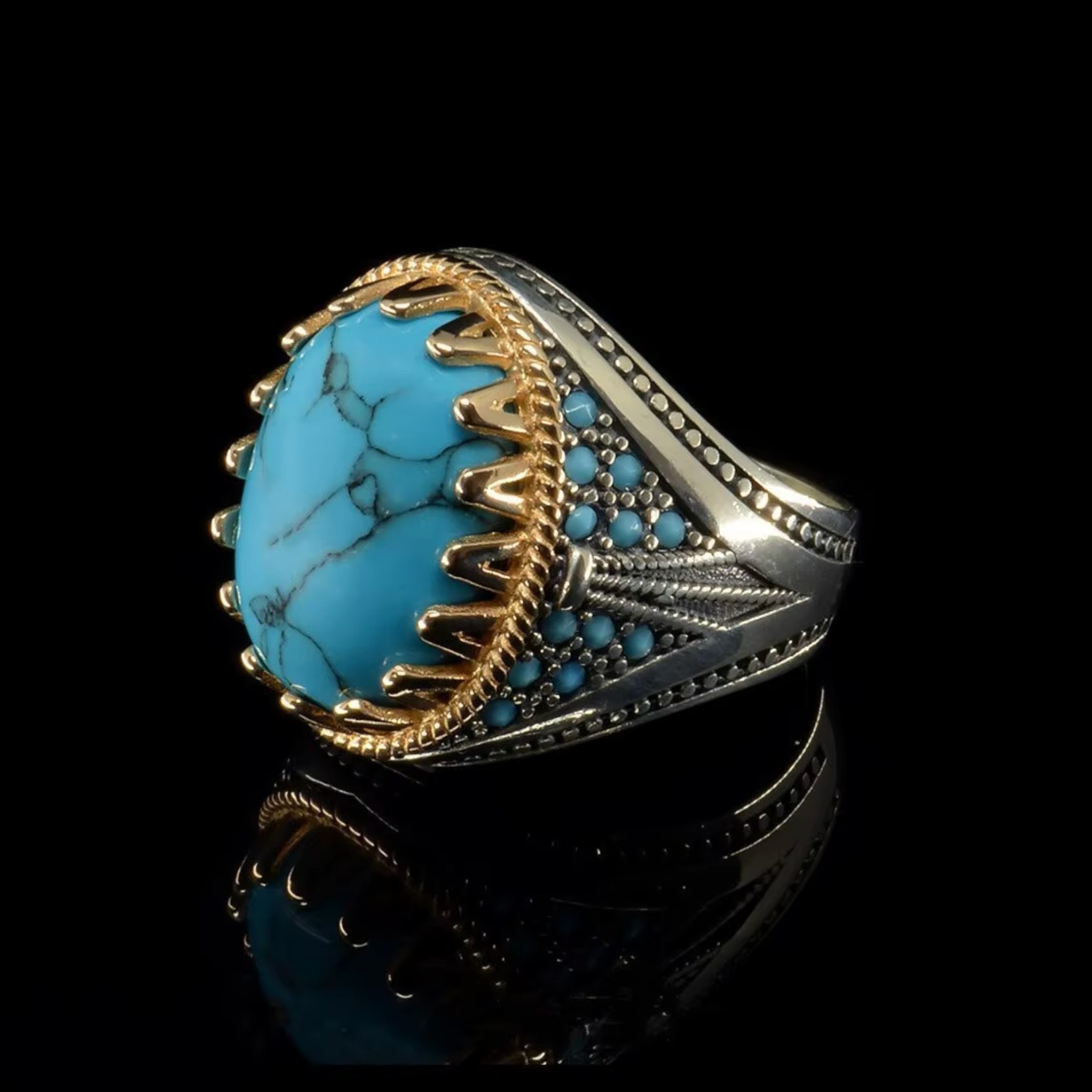 Stříbrný Elegantní Signet s velkým tyrkysem Zlatý Luxusní Ocel