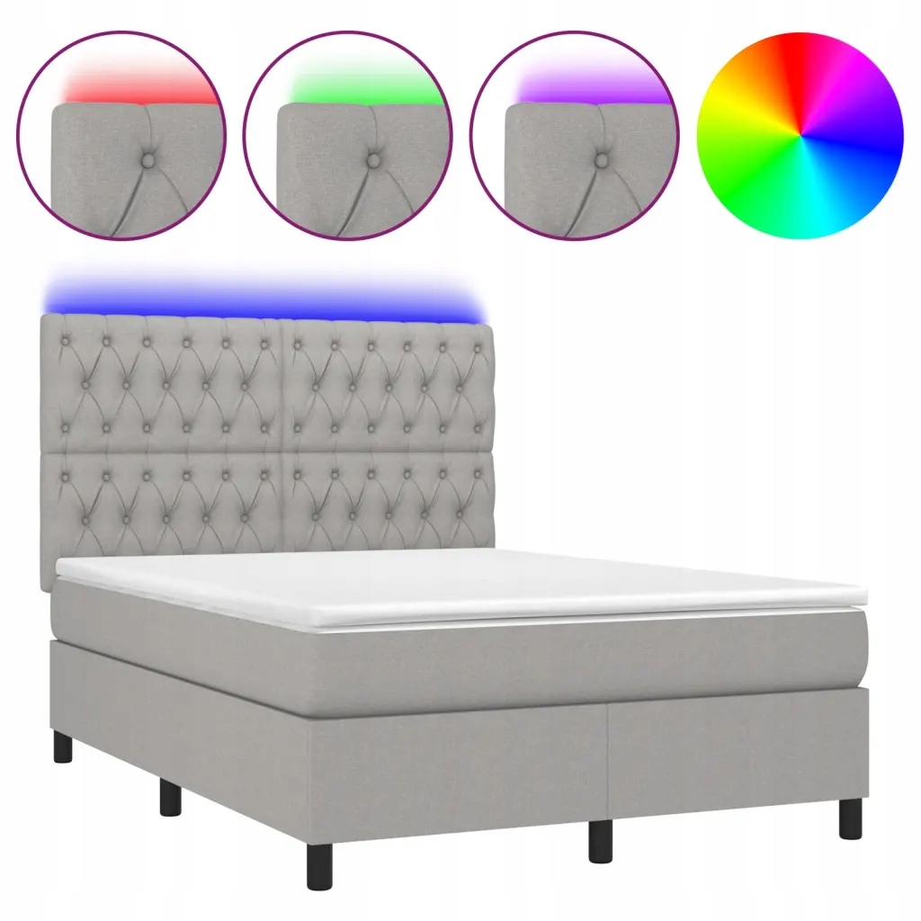 Kontinentální postel s matrací a Led diodami 193x144x118/128 cm, světle šedá