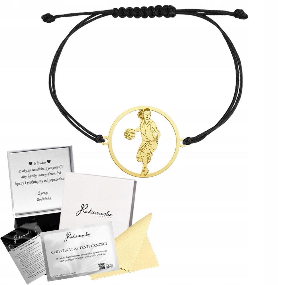 Zlatý náramek Basketbal Basketbalová Stříbro 925 Šňůra Dárek Gravírování