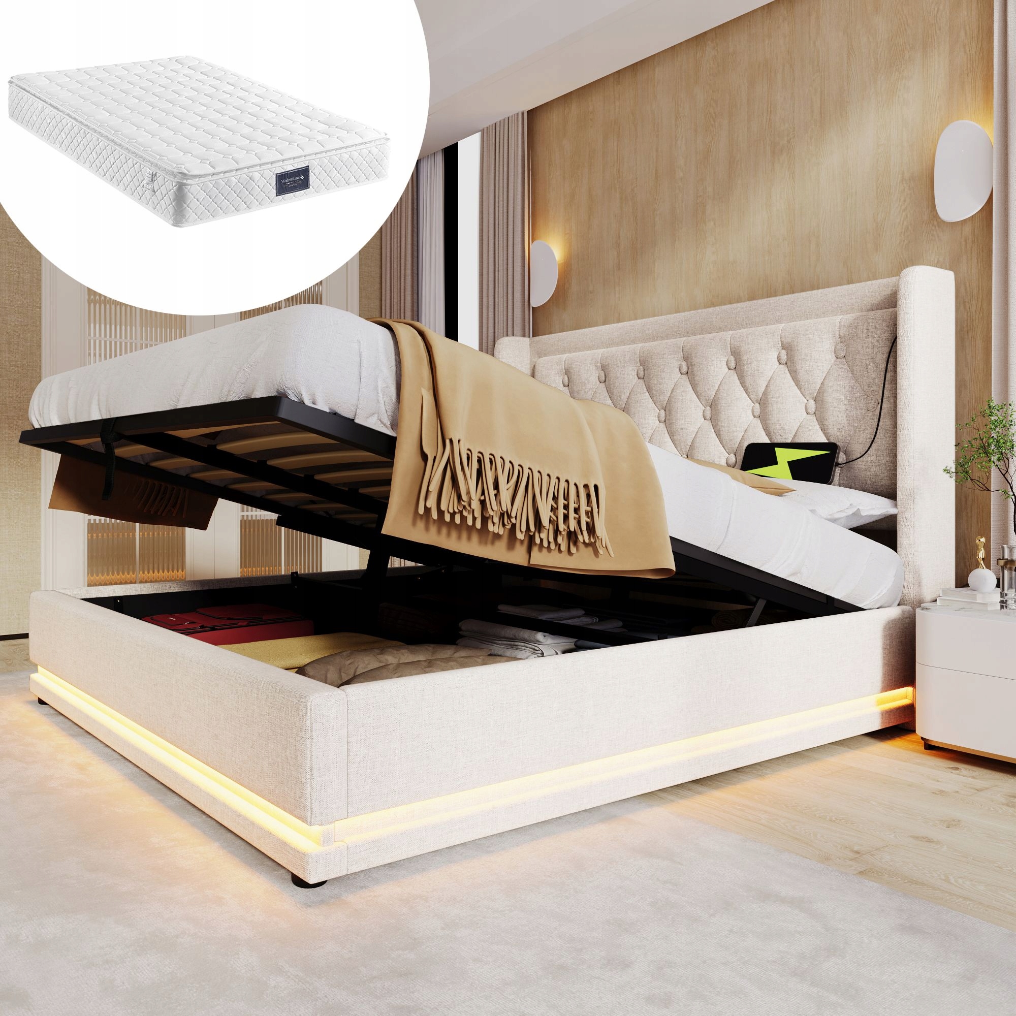Dvojlůžko Čalouněná postel Led Usb Typ-C 140x200 béžová Matrace