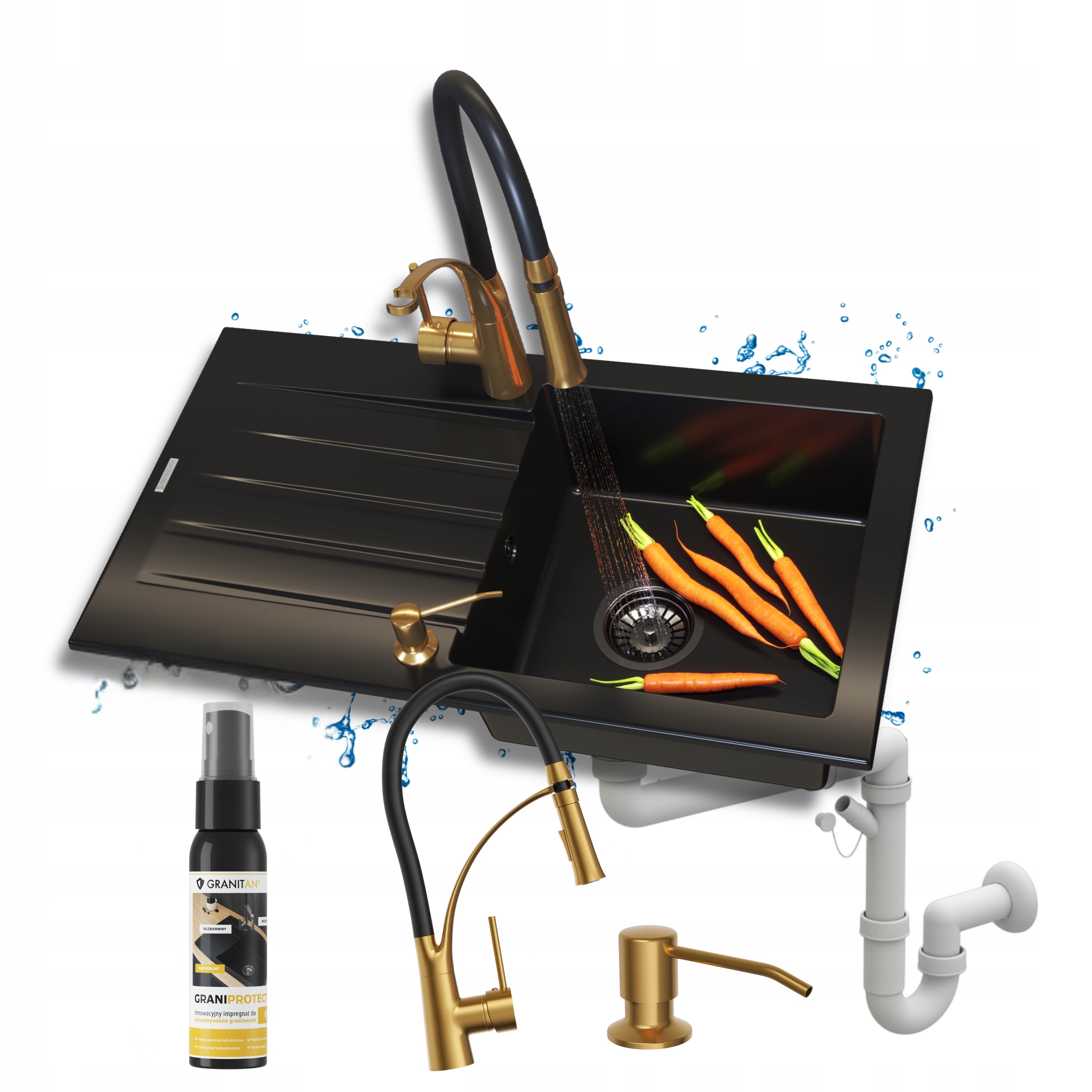 Granitový drez Melgar čierny jednokomorový Sada batérií Dávkovač 5v1