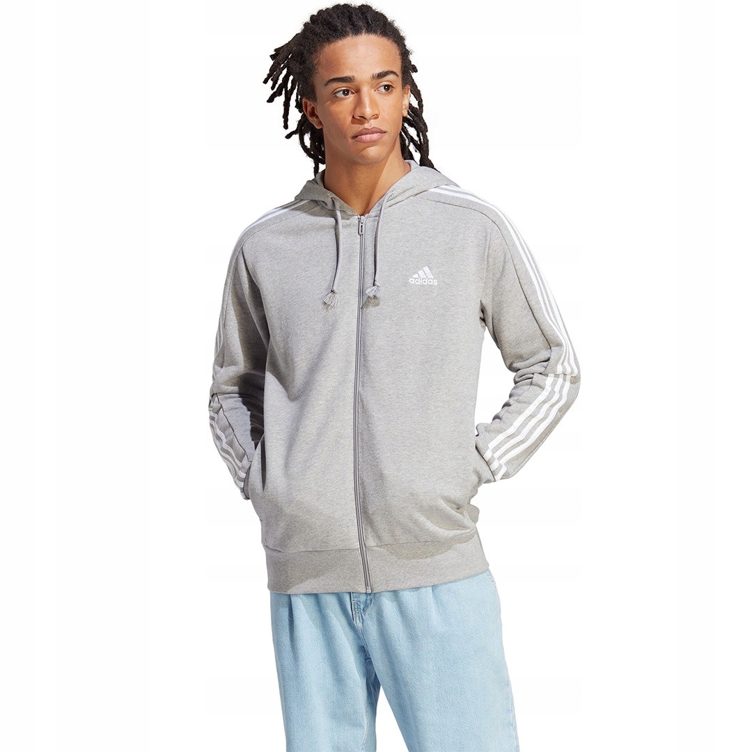 Pánská mikina adidas Essentials French Terry 3-Stripes Full-Zip Hoodie šedá