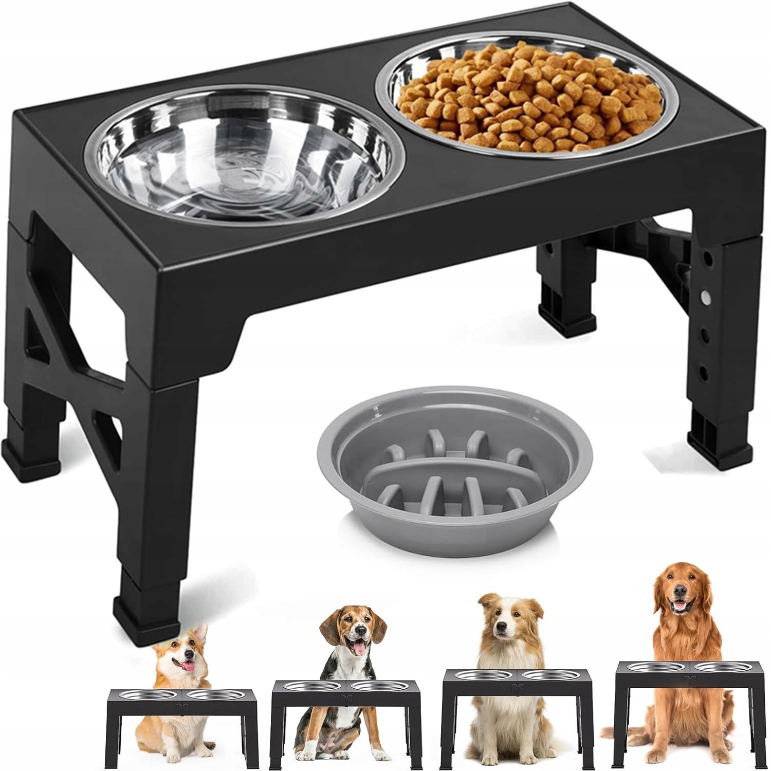 Levně Misky Na Stojanu Pro Velkého Psa – Dvojitá Kovová Miska Na Vodu A Krmivo