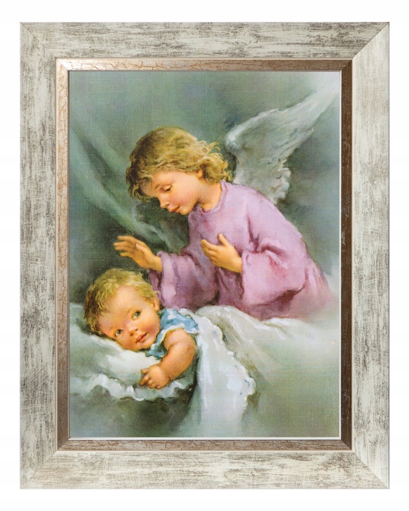 Anioł Stróż Obraz Sakralny W Białej Ozdobnej Ramie 30X40