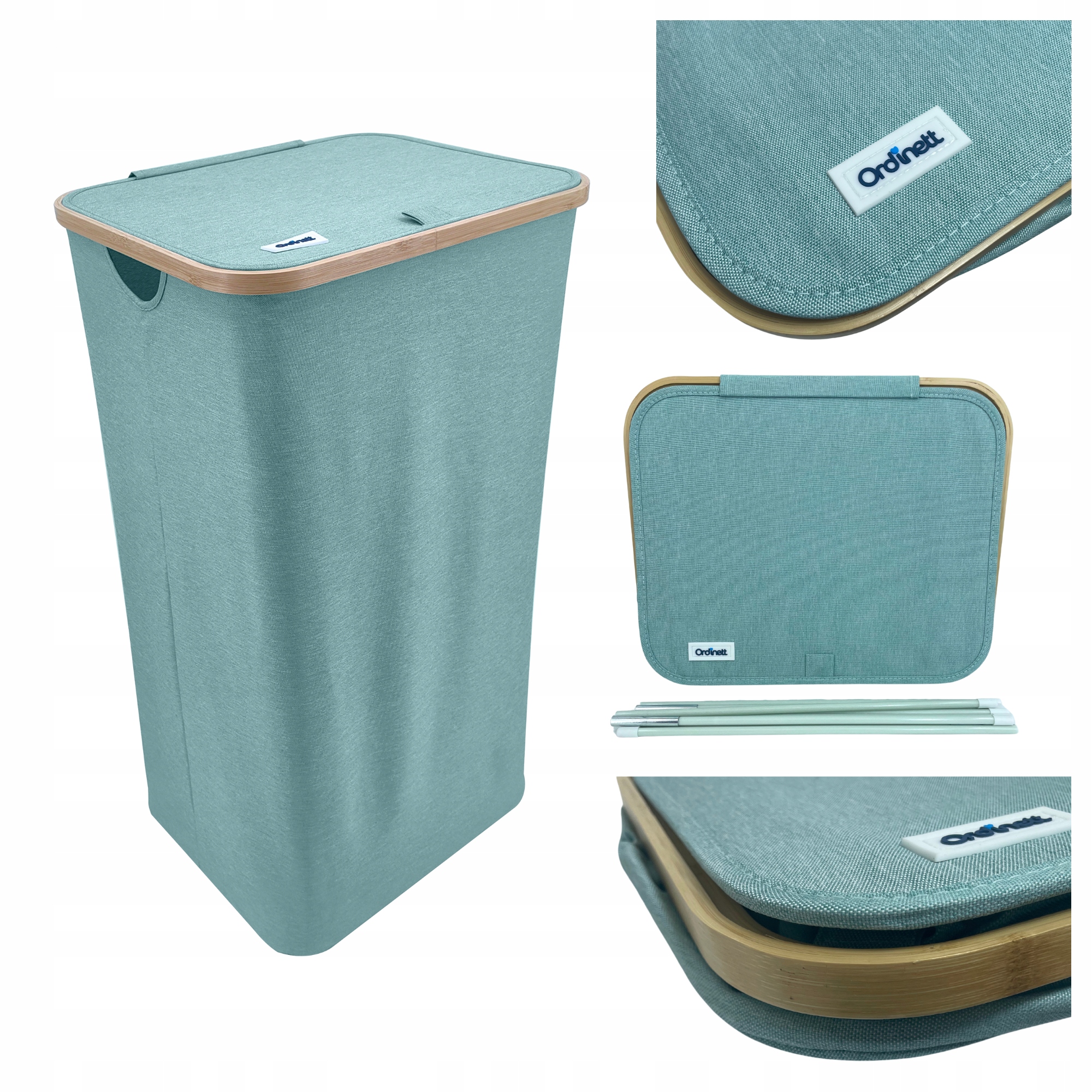 Koš na prádlo zelený, mátový s víkem, kovová konstrukce, na ložní prádlo