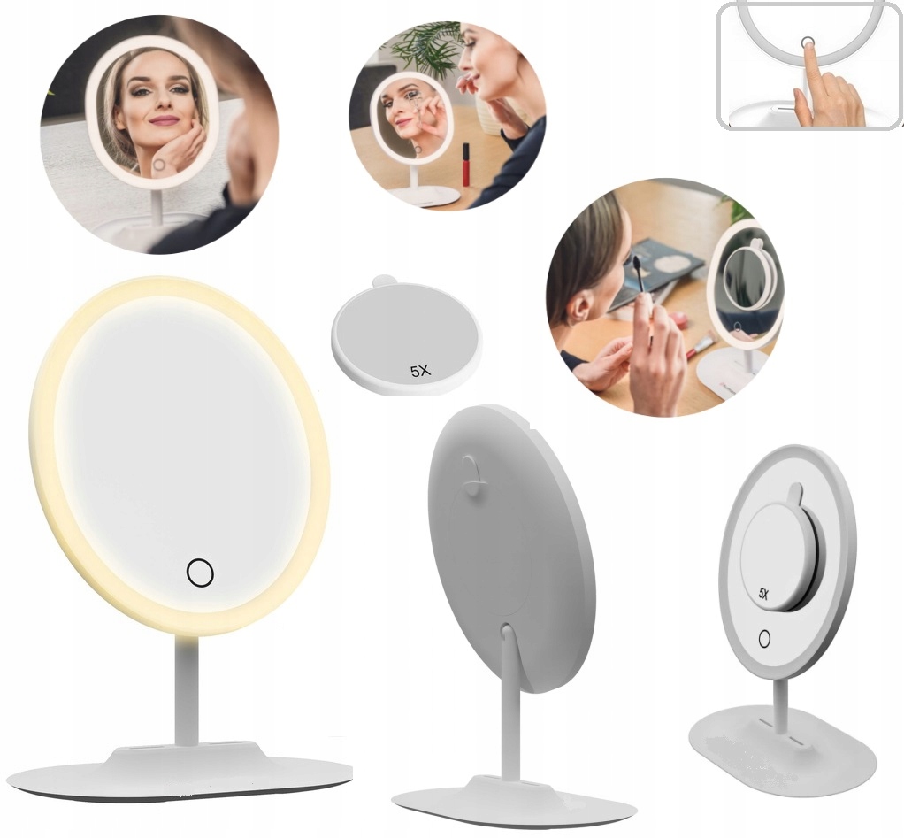 KOMPAKTOWE LUSTERKO DO MAKIJAŻU OKRĄGŁE STOJĄCE LED ŚWIECI I PRZYBLIŻA 5x