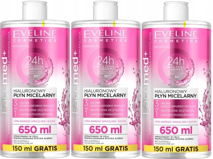 3 x Eveline Facemed+ Hyaluronová micelární voda 650 ml Zmírňuje podráždění