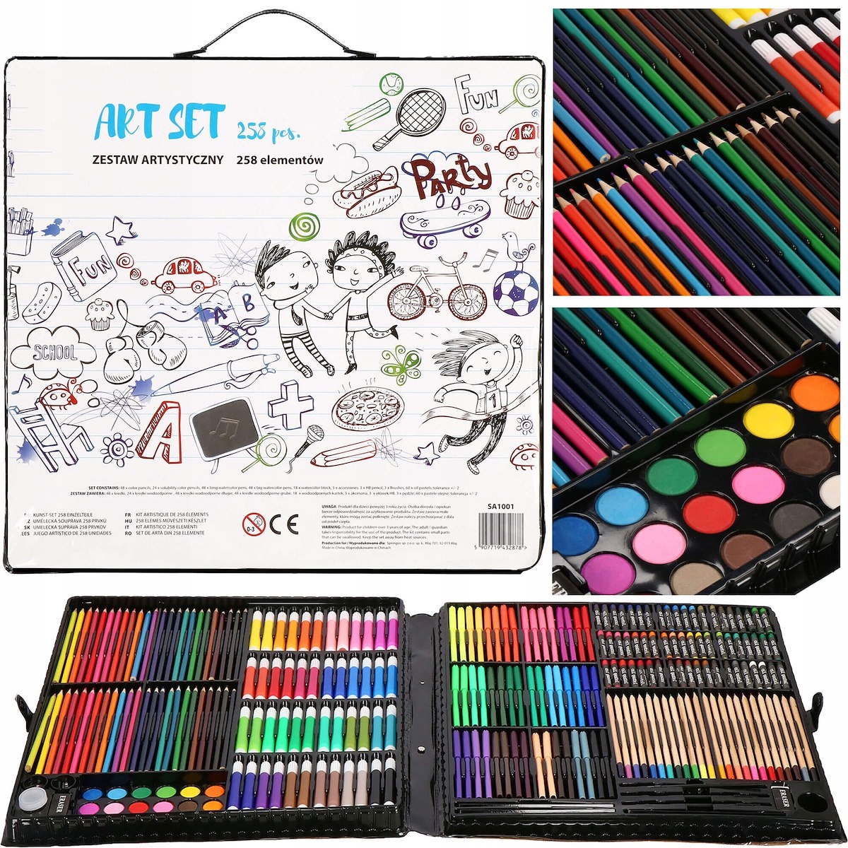 ZESTAW ARTYSTYCZNY DO MALOWANIA W WALIZCE 258 el. PISAKI PASTELE KREDKI Marka Springos