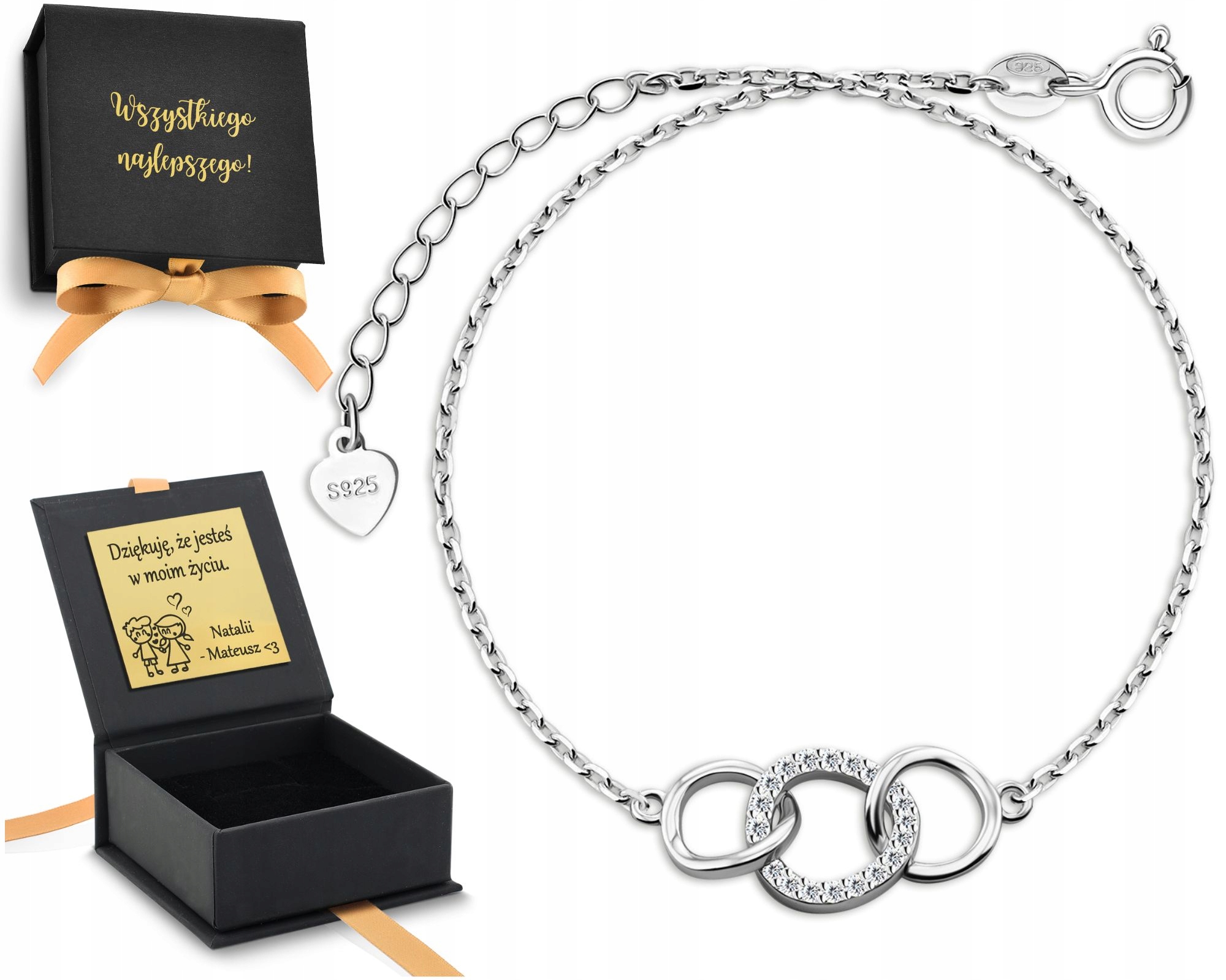 Dámský náramek se 3 kroužky, Stříbro stříbro 925 Zirkony Gravírování