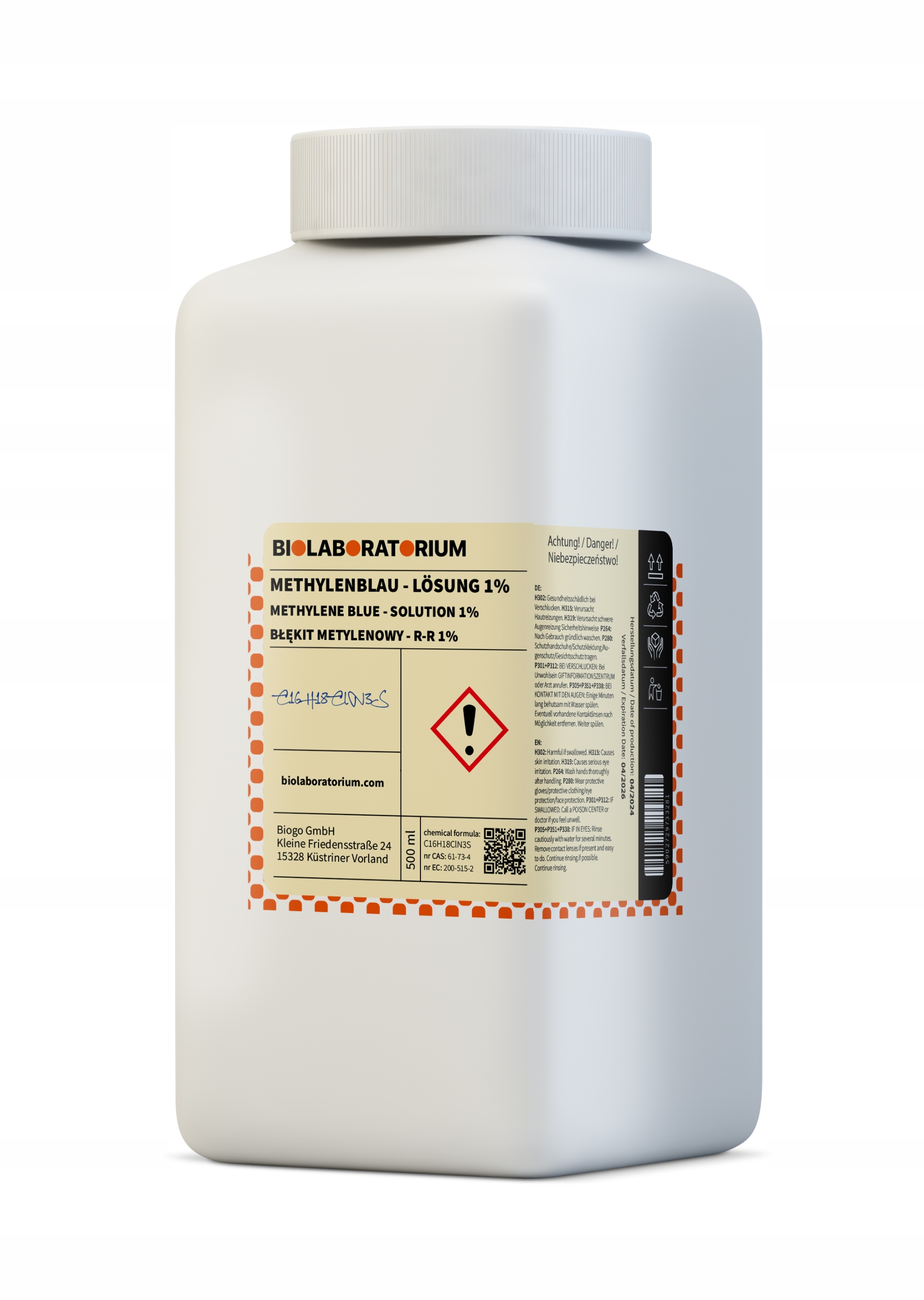 Světle Modrá methylenový roztok 1% – čistý 500 ml Biolaboratorium