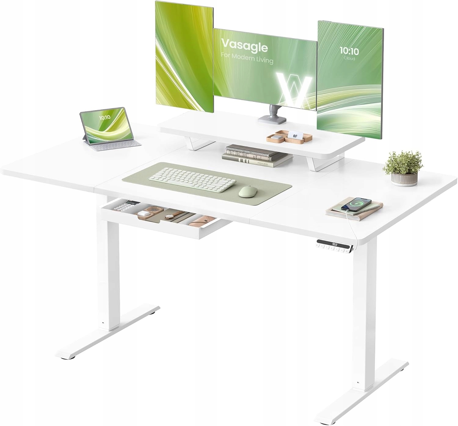 Písací stôl s elektrickou reguláciou výšky biely 70x140x72-120 cm s poličkou