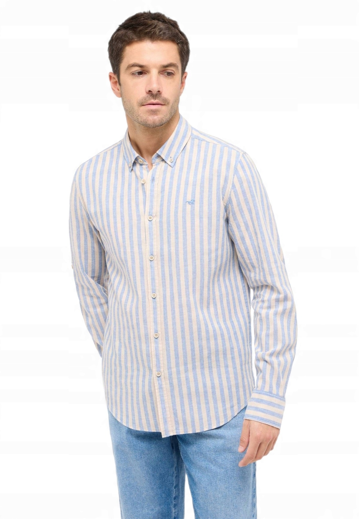 Pánská Košile S Dlouhým Lněným Rukávem, Krásná, Módní, Modrá, Pruhovaná, Mustang