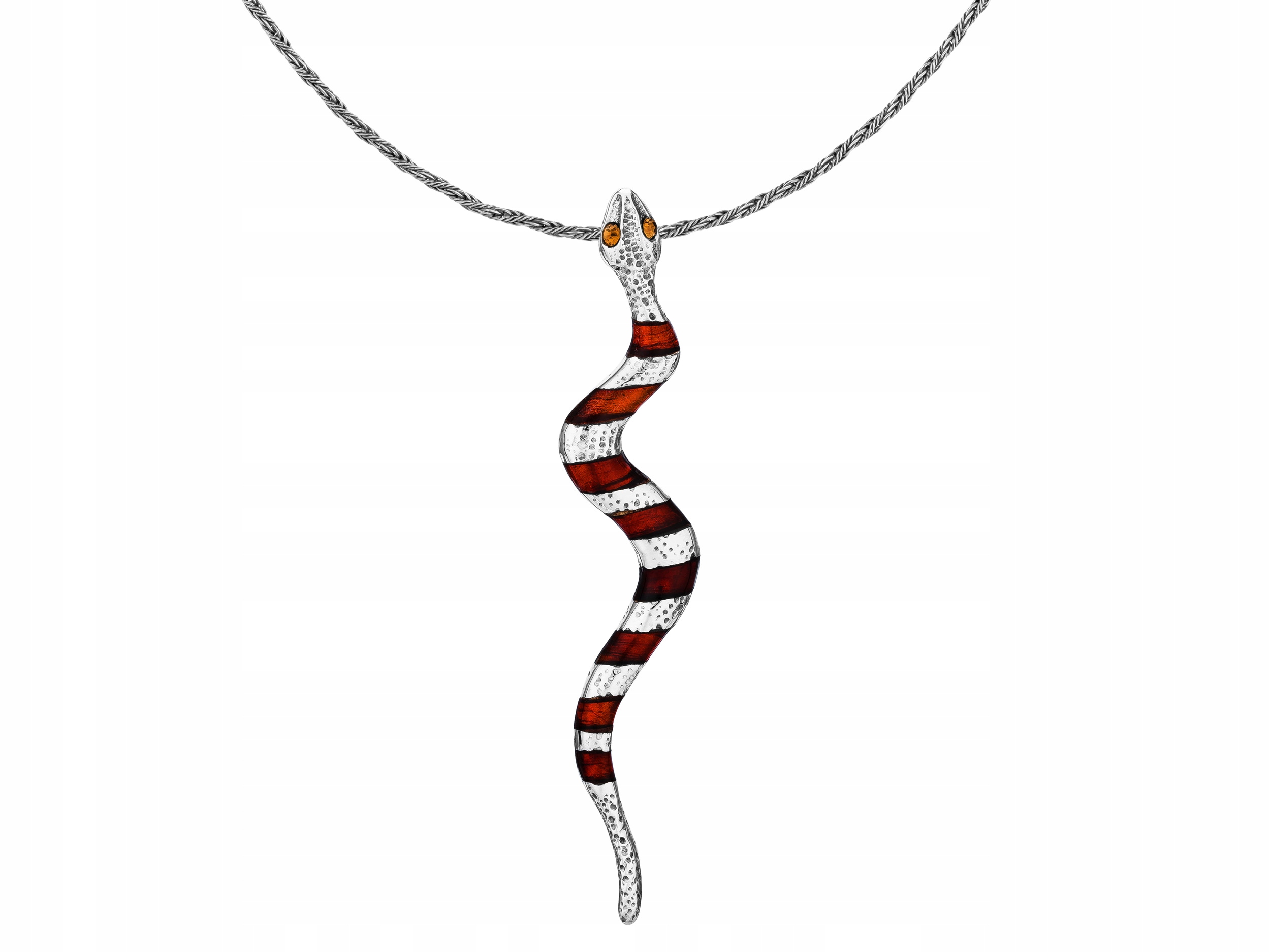 Krátký stříbrný dámský náhrdelník s jantarem a zirkony Velký had Choker 40