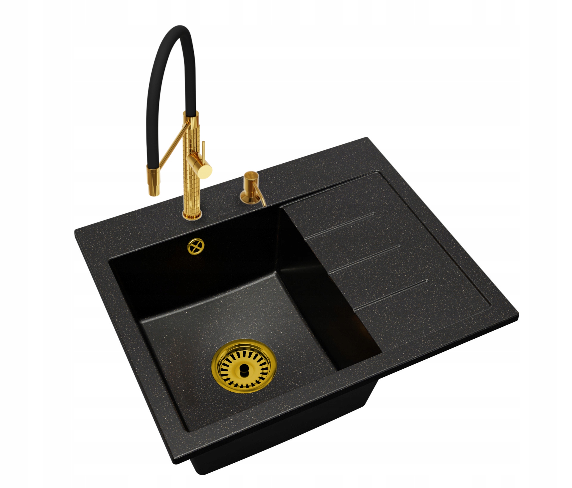 Dřez Exclusive 60 Pravý Nakapaný Zlatý Sifon Baterie Dávkovač