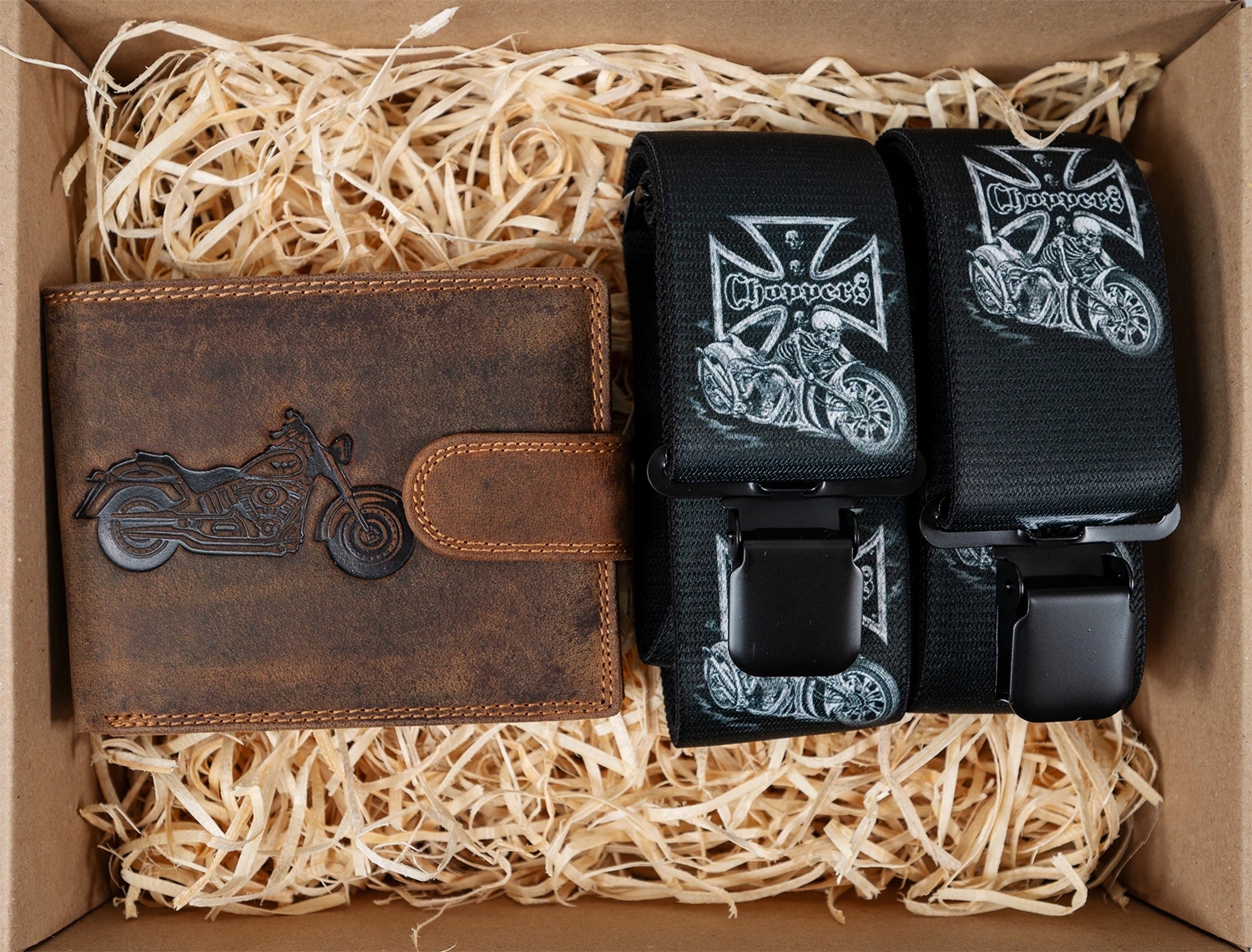 Dárkový set pro muže Kožená peněženka a kšandy Motorkář