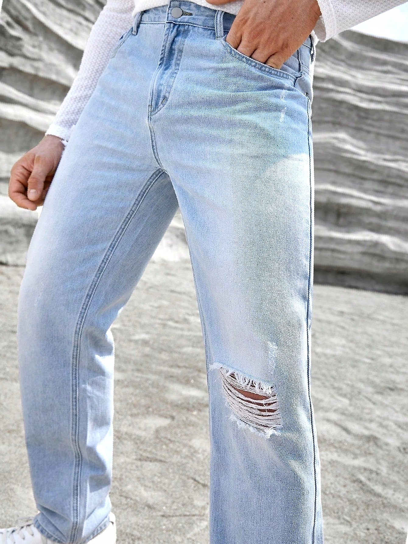 Pánské džíny s dírami, zúžené, světle modré, casual M