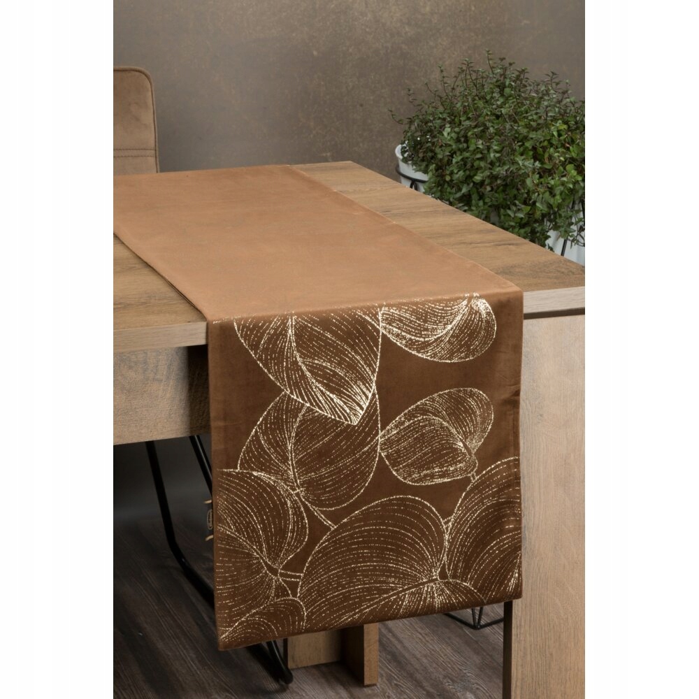 Bieżnik welwetowy 35X180 brązowy w złoty wzór liści Materiał wykonania poliester