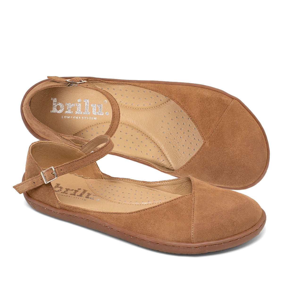 Brilu Polskie Damskie Skórzane Baleriny Z Paskiem Barefoot Ellen Brązowe 36