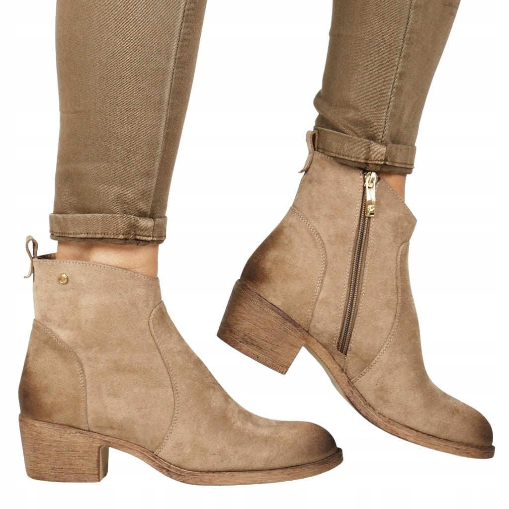 Béžové Semišové Kotníkové Boty Kovbojské Boty Na Nízkém Podpatku, Zateplené Módním Topem