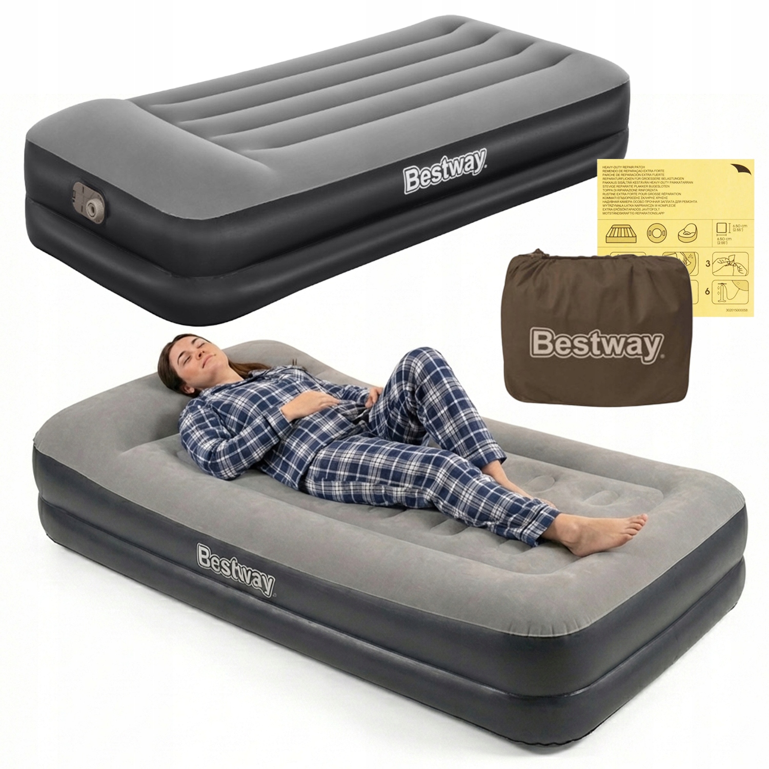 Materac Dmuchany 1 osobowy Wysoki Łóżko do Spania z e-Pompką Bestway 67401