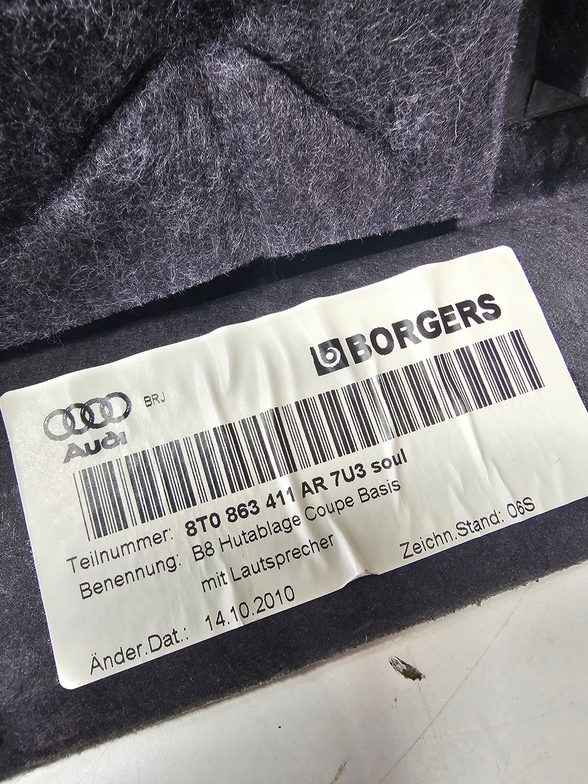 Abdeckung, Hutablage hinten heck AUDI A5 8T COUPE 8T0863411AR