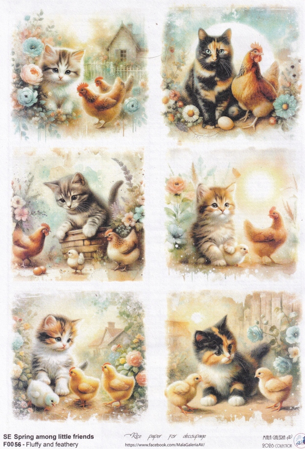 Papier Ryżowy decoupage - Wiosna wśród Przyjaciół / Koty Kurki - proj.AV A4