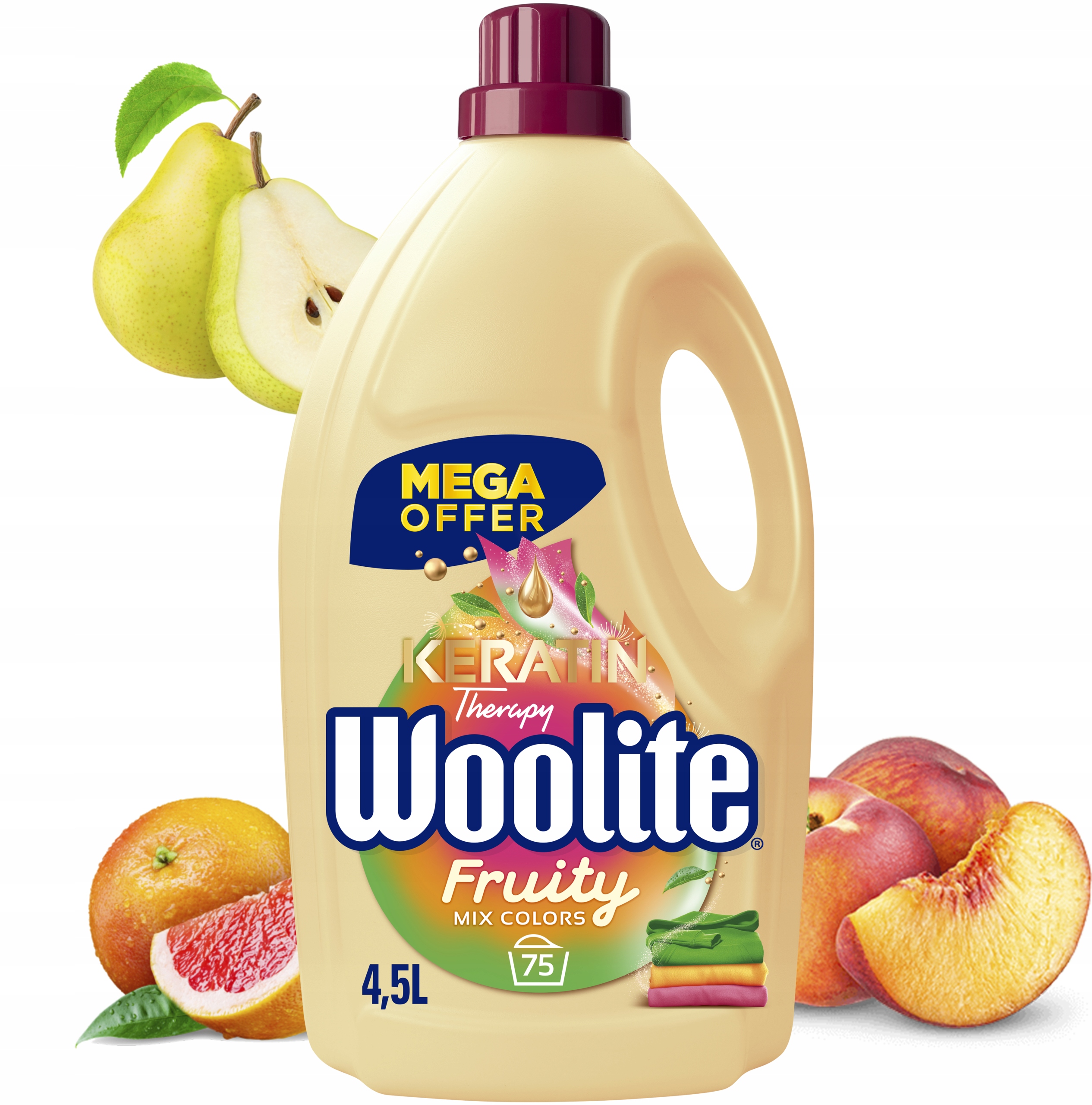 Tekutý prací prostředek Fruity Woolite Ovocný s keratinem pro barvu 4,5 l 75 praní