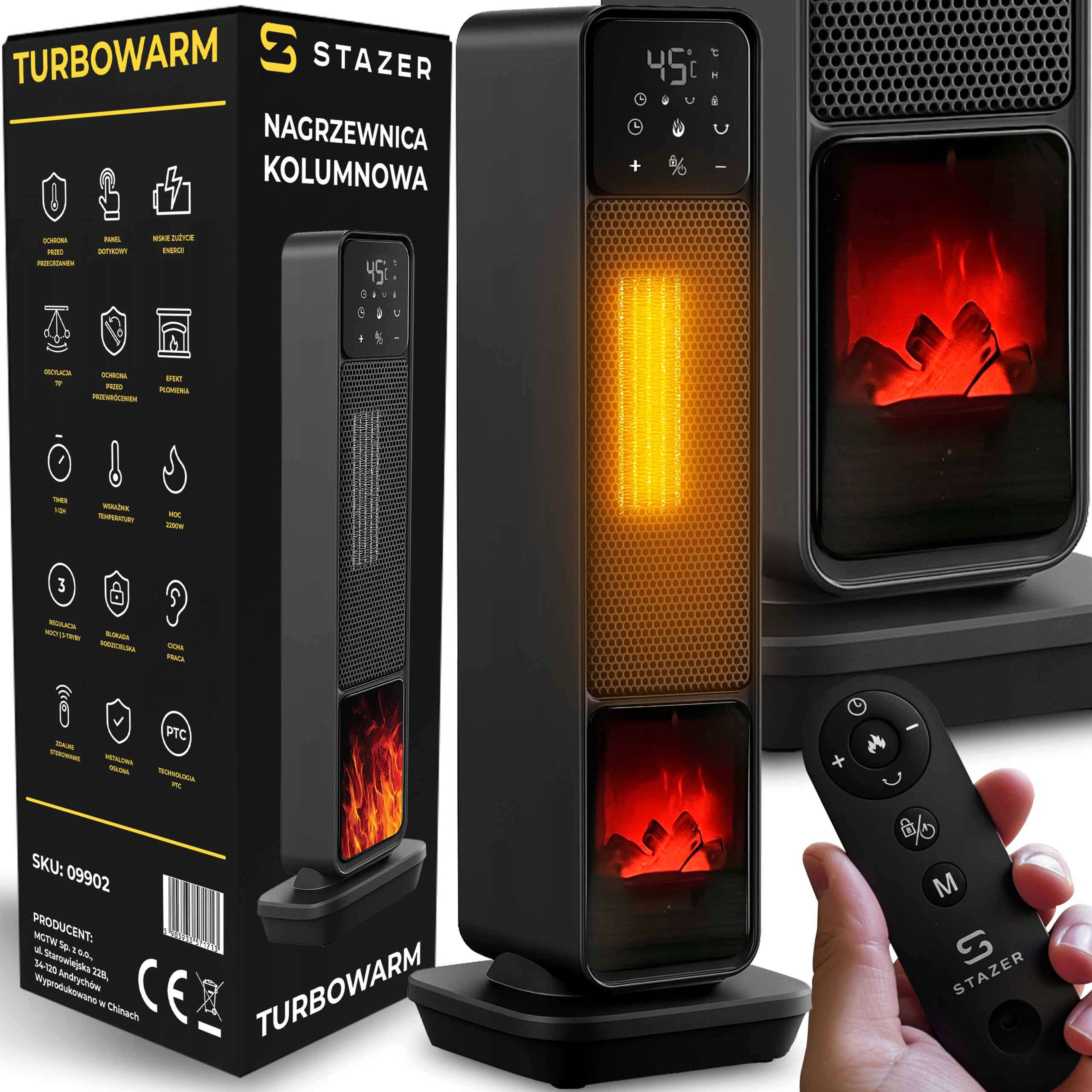 Teplovzdušný ventilátor topení elektrické sloupové s dálkovým ovládáním