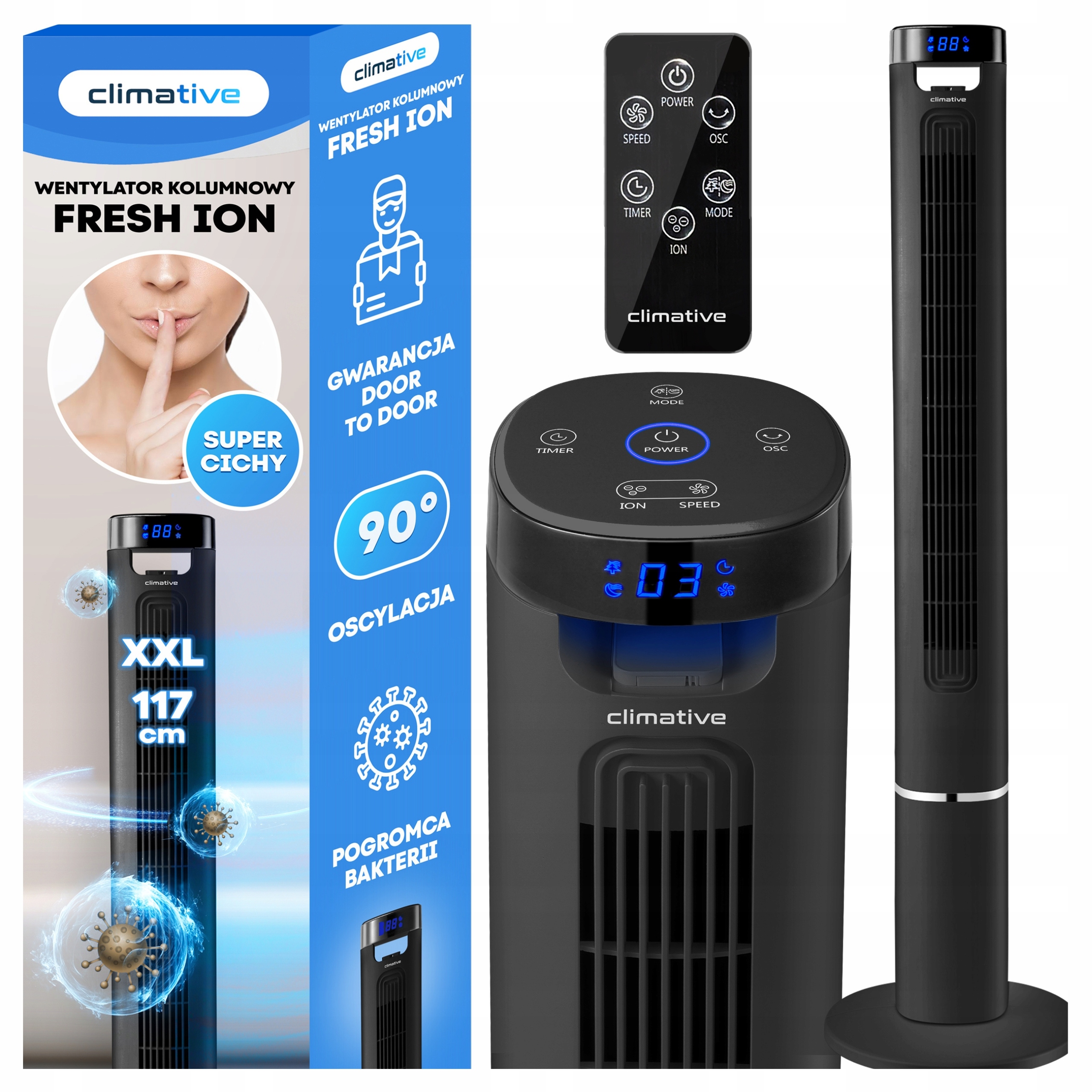 Silný sloupový ventilátor Stojící větráček Ionizace 117 cm Fresh Ion XXL