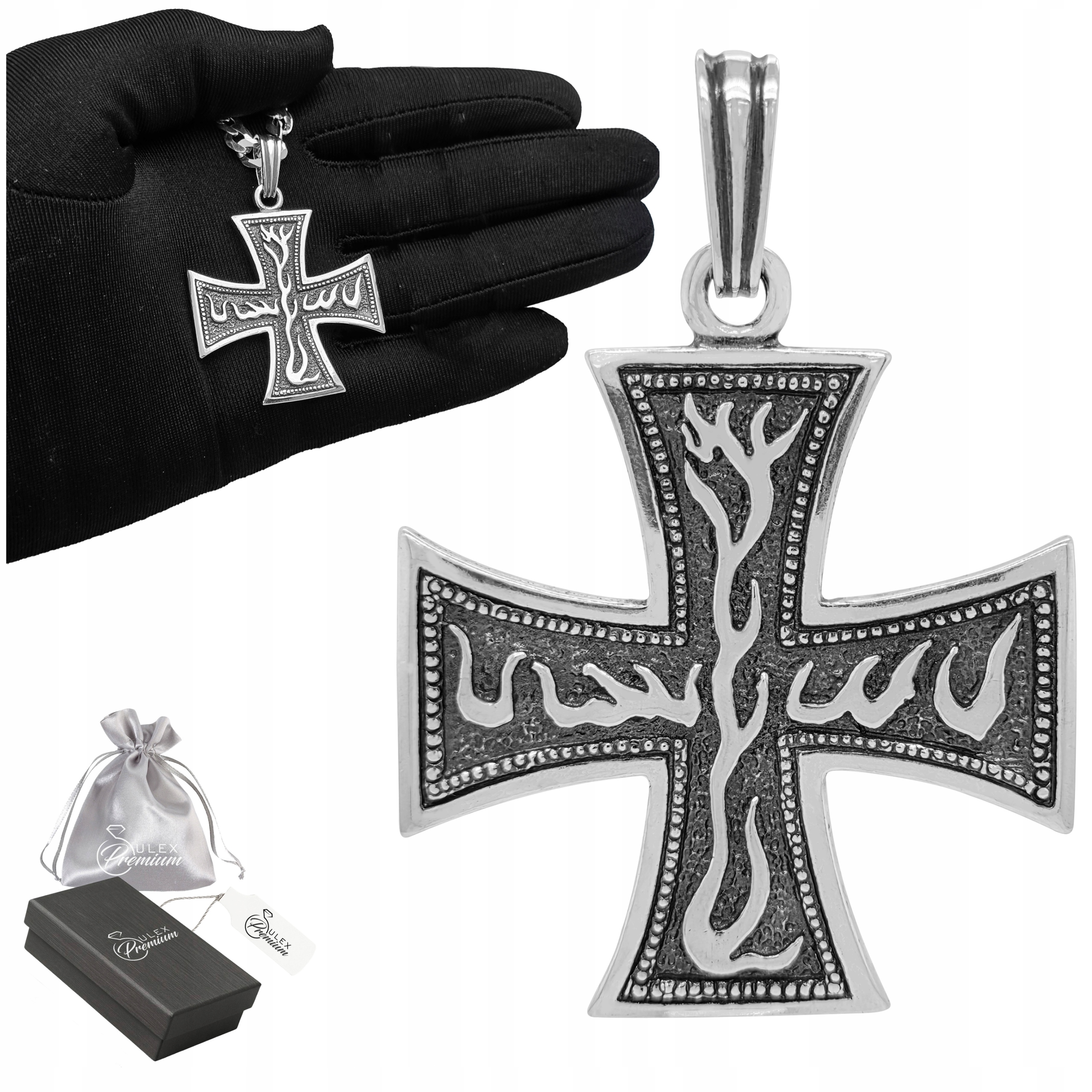 Pánský stříbrný kříž ryzost 925 Masivní gotický kříž s motivem plamenů, oxidovaný