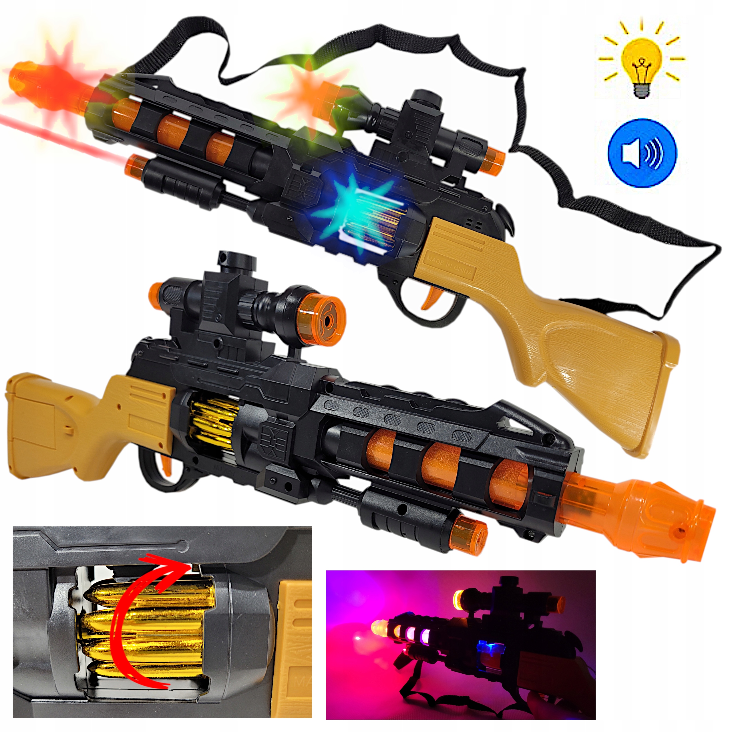 

Karabin Na Baterie Ruchoma Lufa Laser Dzwięki Led