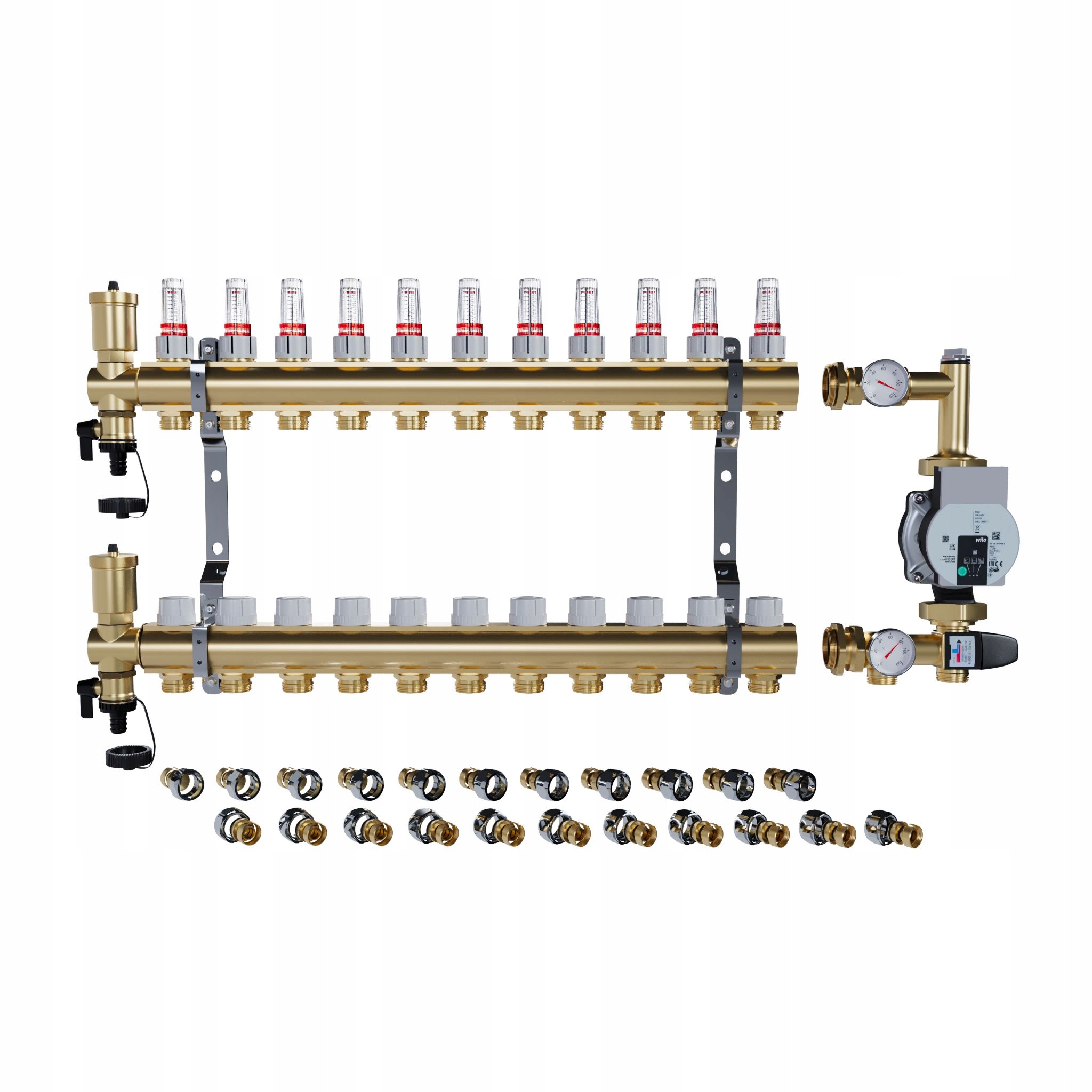 Rozdělovač pro podlahové topení 11 sekcí Spojky Pex Čerpadlo Wilo